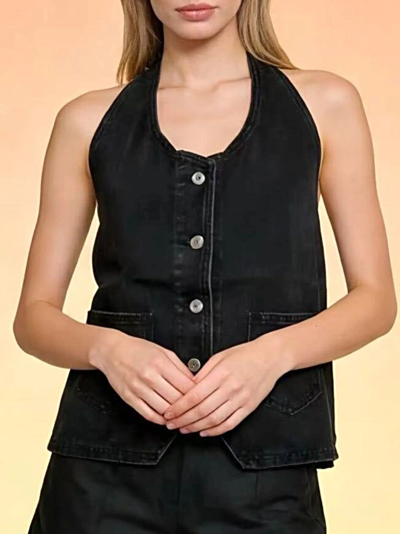 Halter Neck Button-Down Denim Vest -