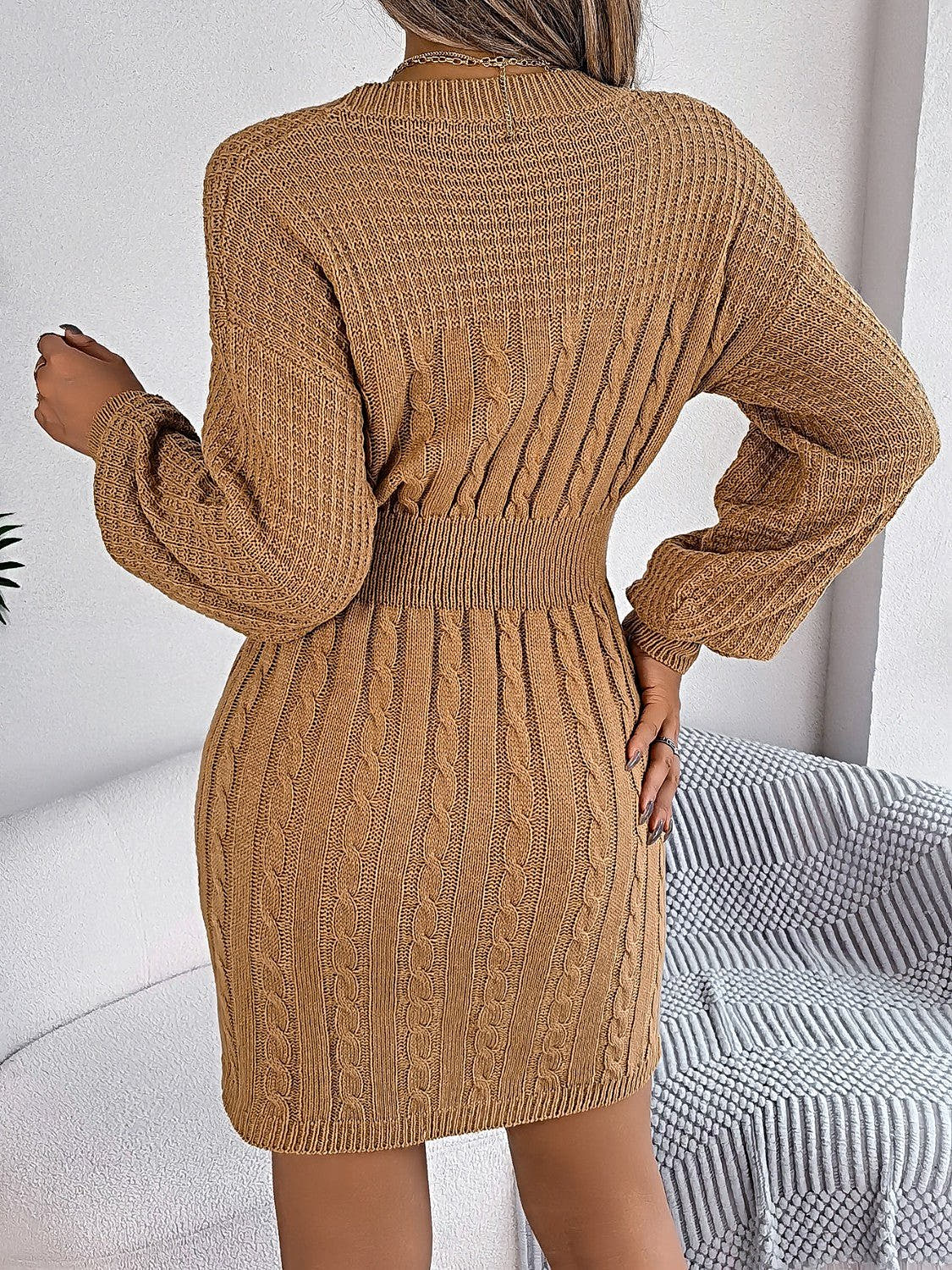 Luxurious Cable Knit Sweater Dress With Cutout Design, Round Neck & Slit Detail Trendsi