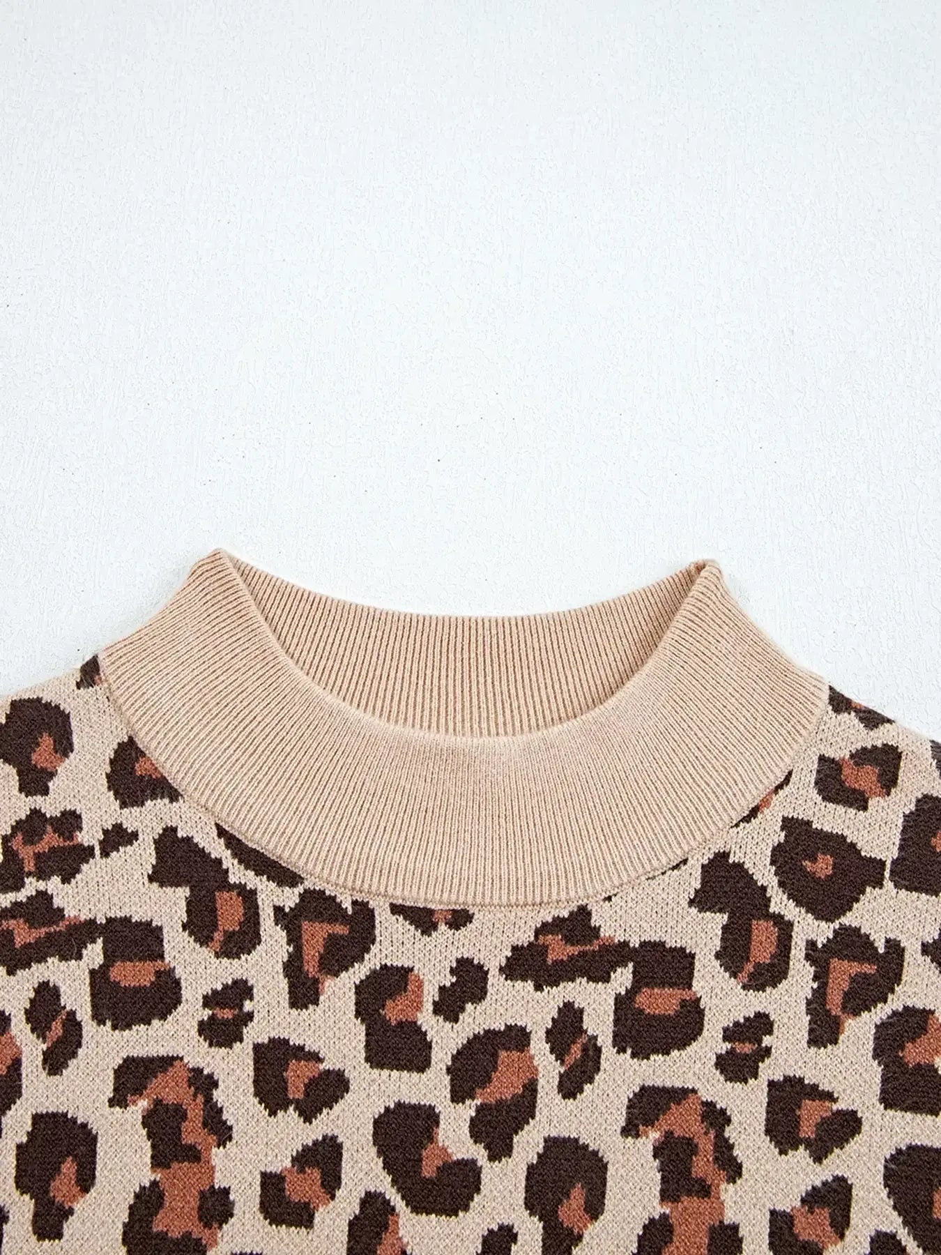 Leopard Print High Neck Shift Mini Sweater Dress -