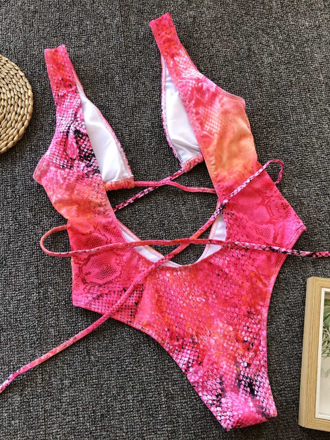 Lace-Up Backless Plunge One-Piece Swimwear Trendsi