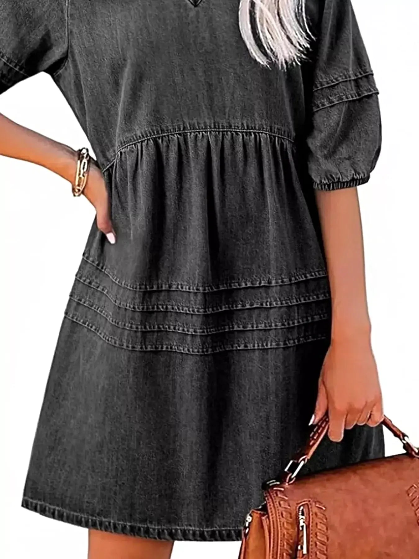 Casual V-Neck Puff Sleeve Denim Mini Dress -
