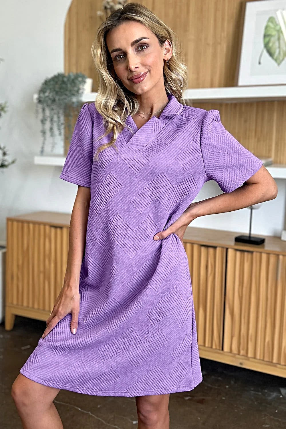 Elegant Double Take Short Sleeve Collar Dress - Textured Opaque Design, Slightly Stretchy, Machine Washable Trendsi