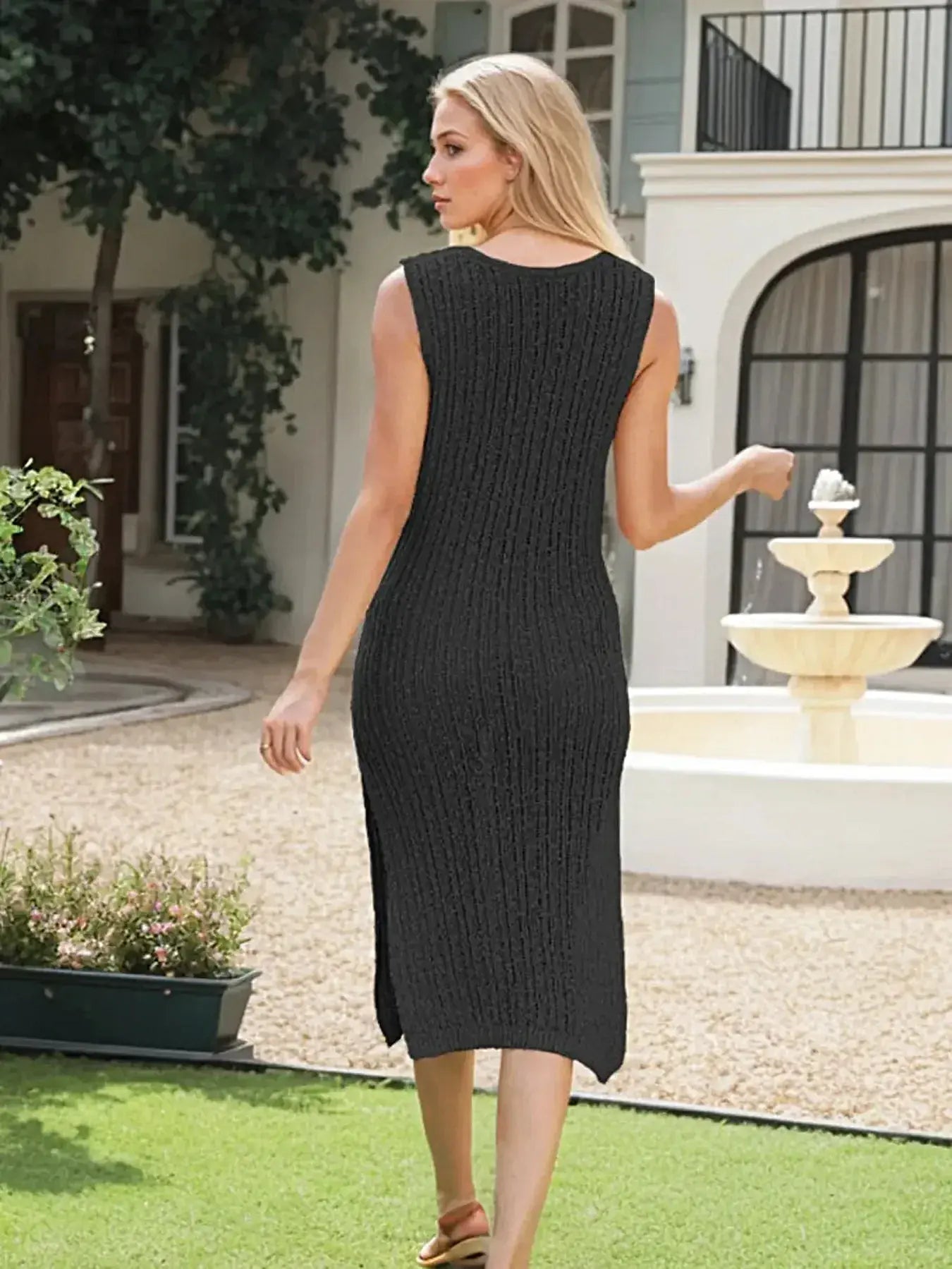 Side Slit Round Neck Sweater Dress -