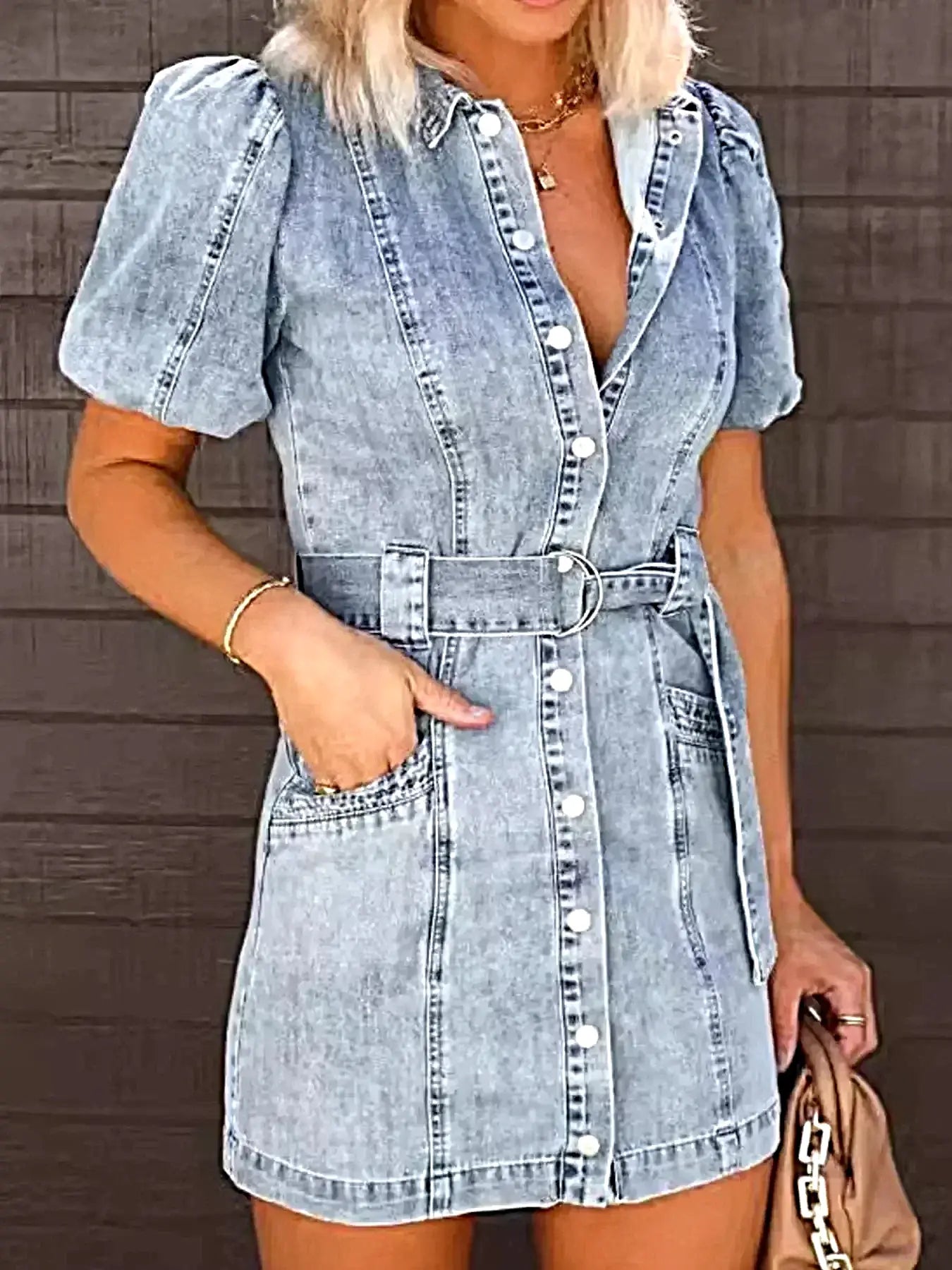 Button-Up Puff Sleeve Denim Shirt Dress -