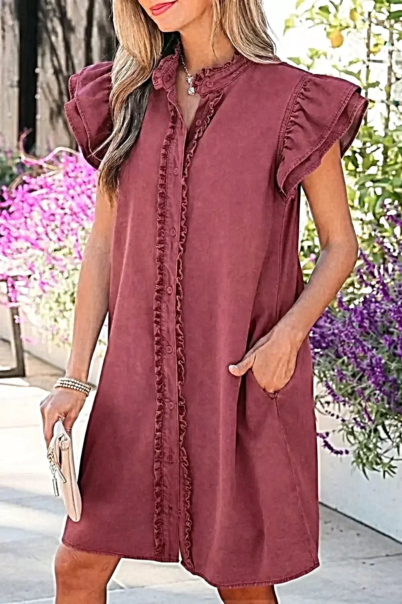 Frilled Detail Button Down Ruffle Short Sleeve Denim Mini Dress -