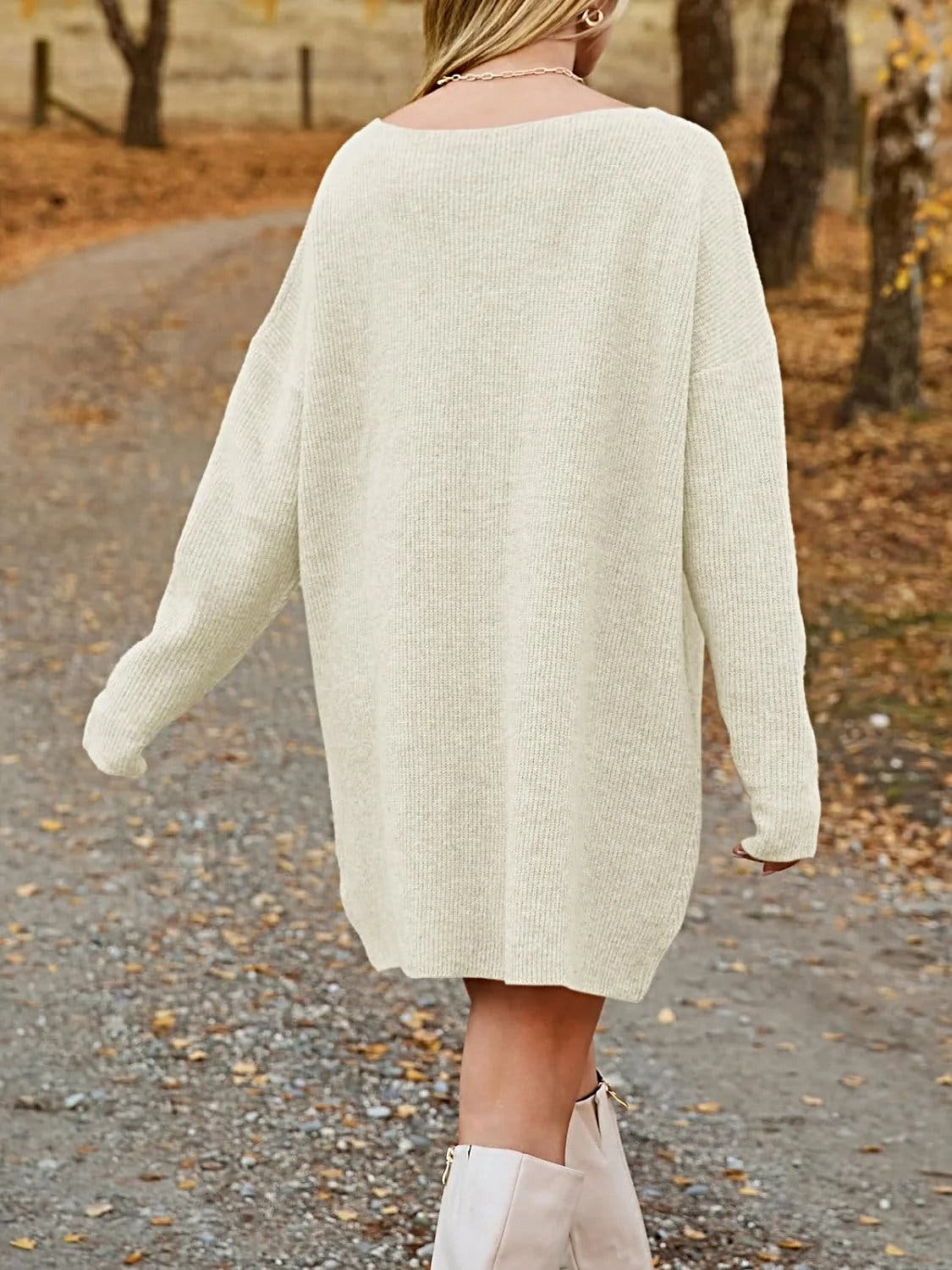 V-Neck Dropped Shoulder Sweater Dress -