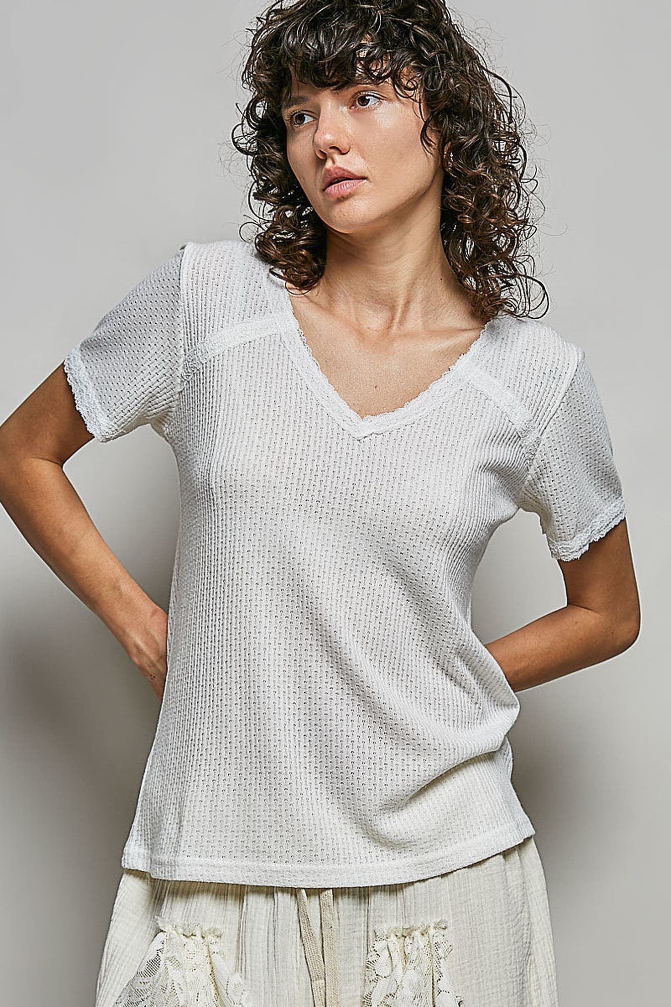 POL Lace Detail V-Neck Short Sleeve Textured T-Shirt -