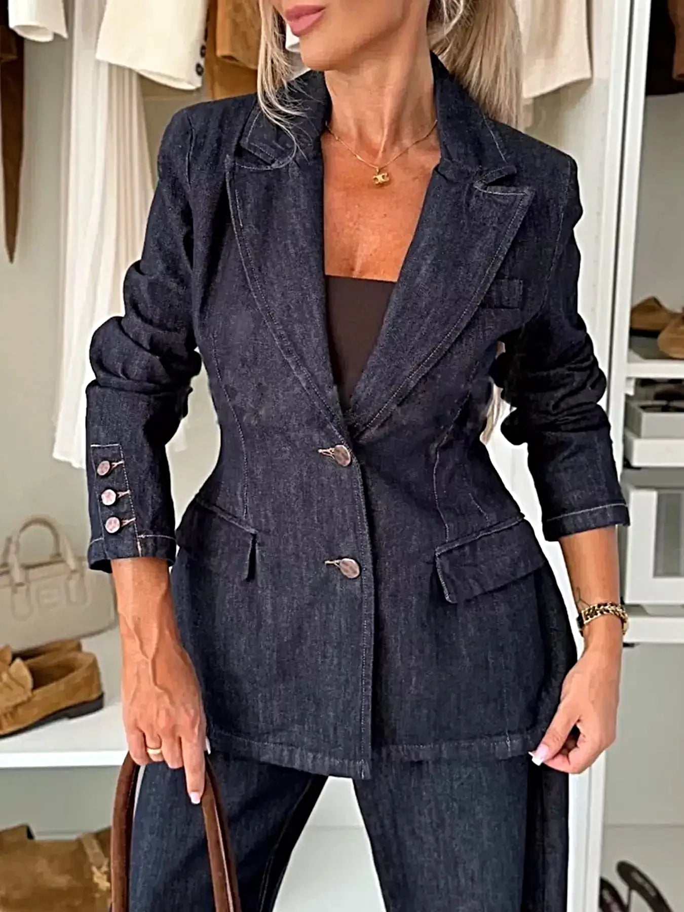 Single-Breasted Washed Denim Blazer -