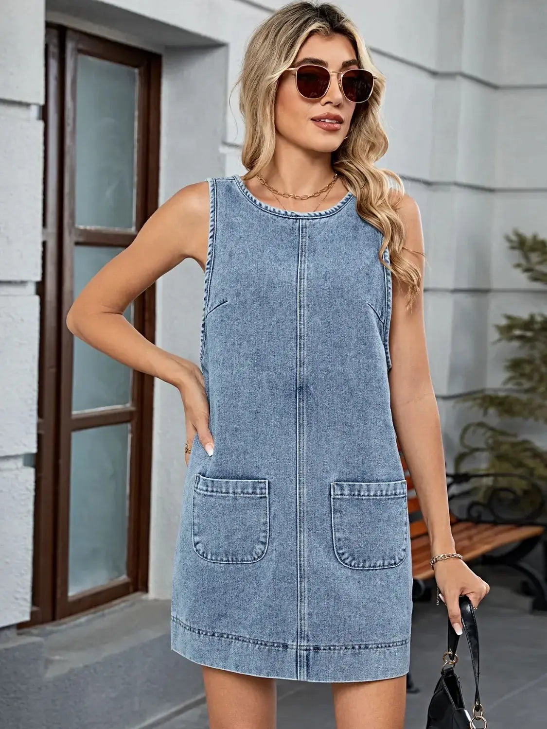Round Neck Denim Overall Dress -