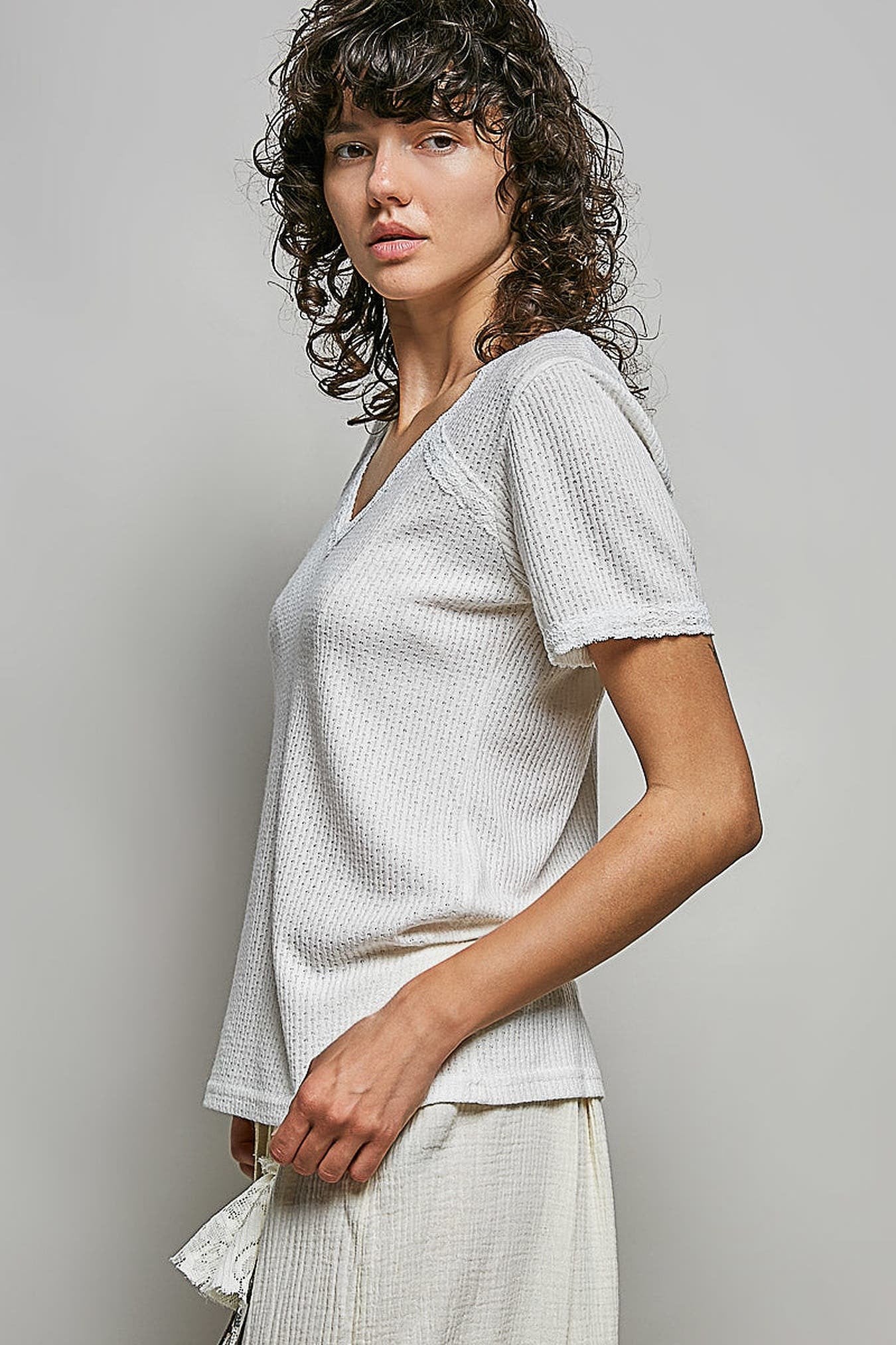 POL Lace Detail V-Neck Short Sleeve Textured T-Shirt -