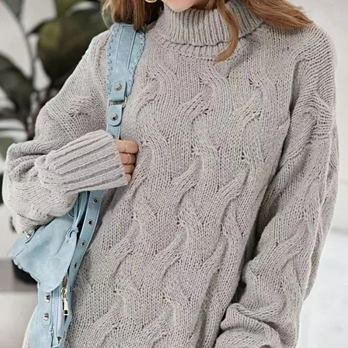 Cable-Knit Turtleneck Sweater Dress -