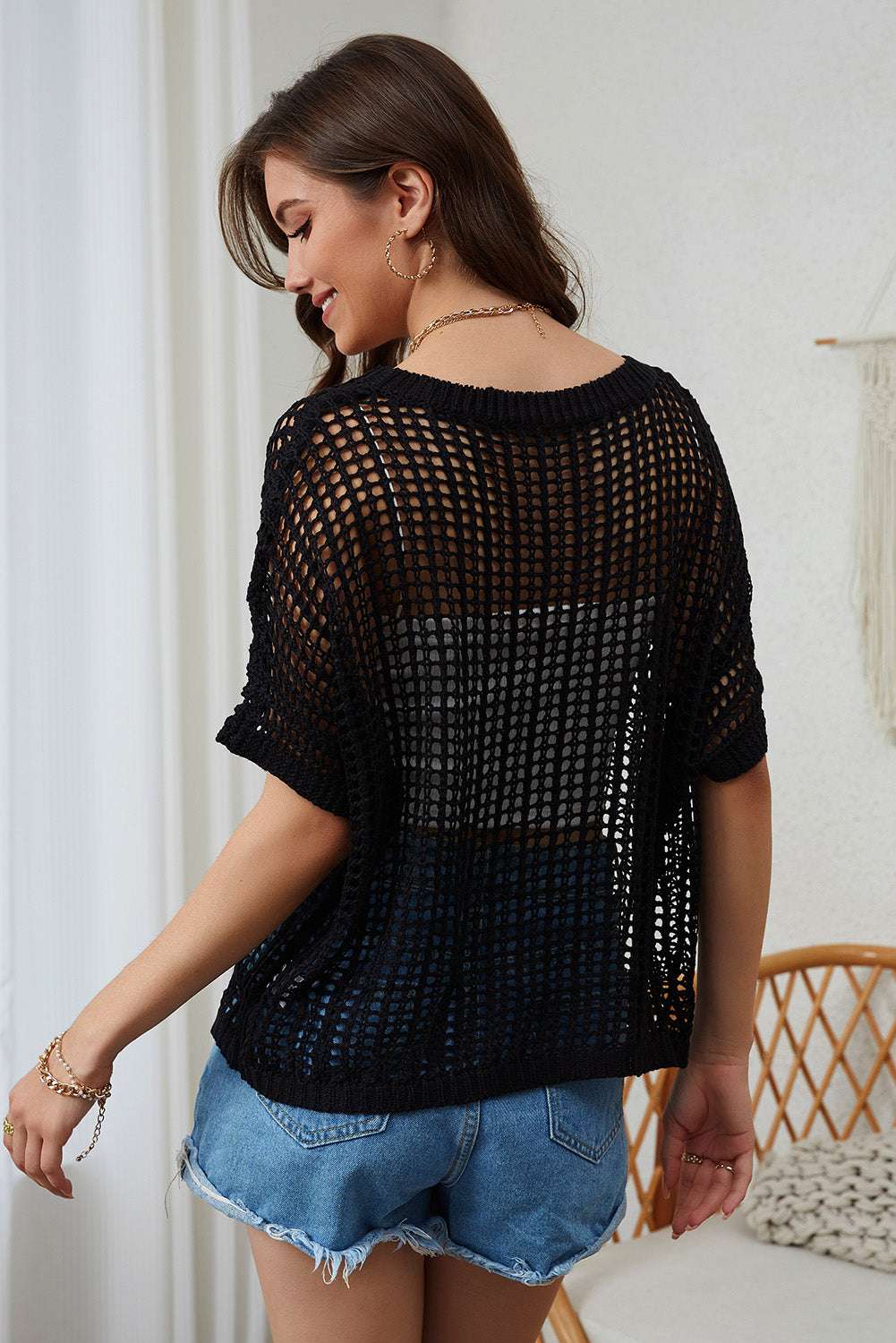Openwork Round Neck Half Sleeve Knit Cover Up Trendsi