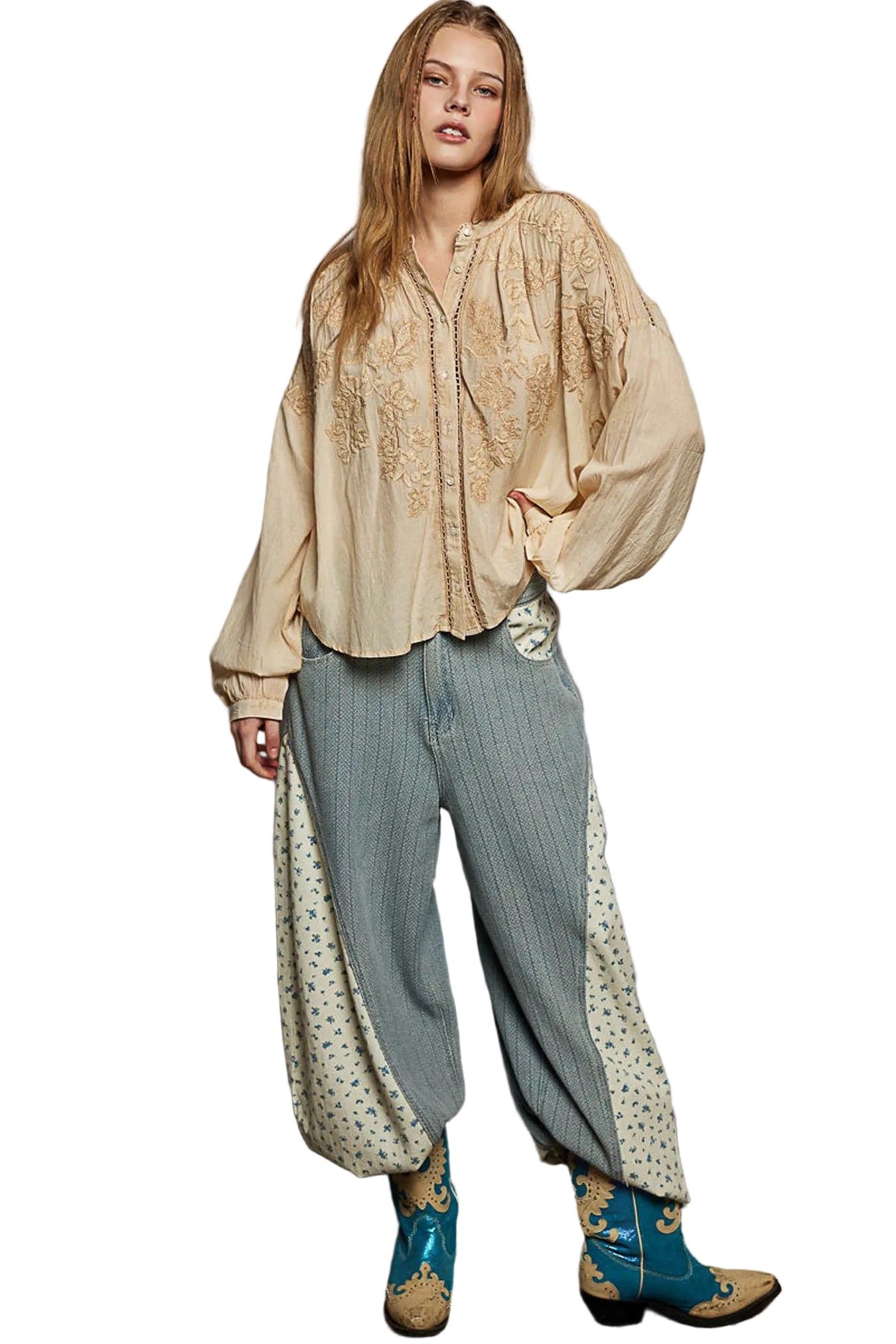 POL Embroidery Button Down Long Sleeve Washed Shirt -