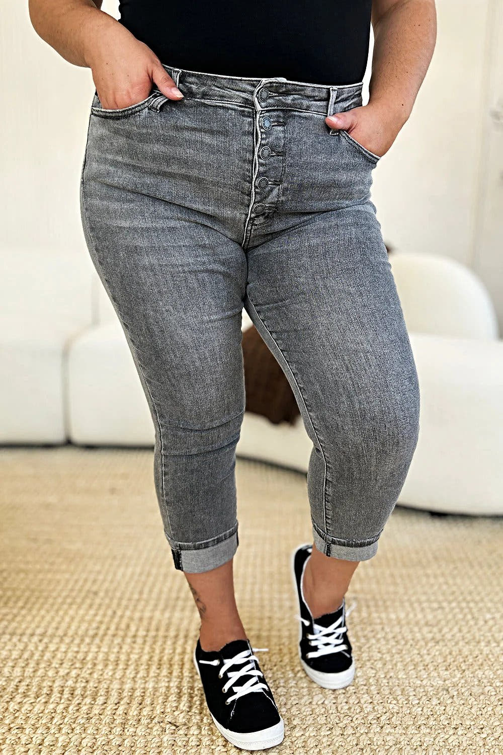 Judy Blue Full Size Button Fly High Waist Cuffed Capris -