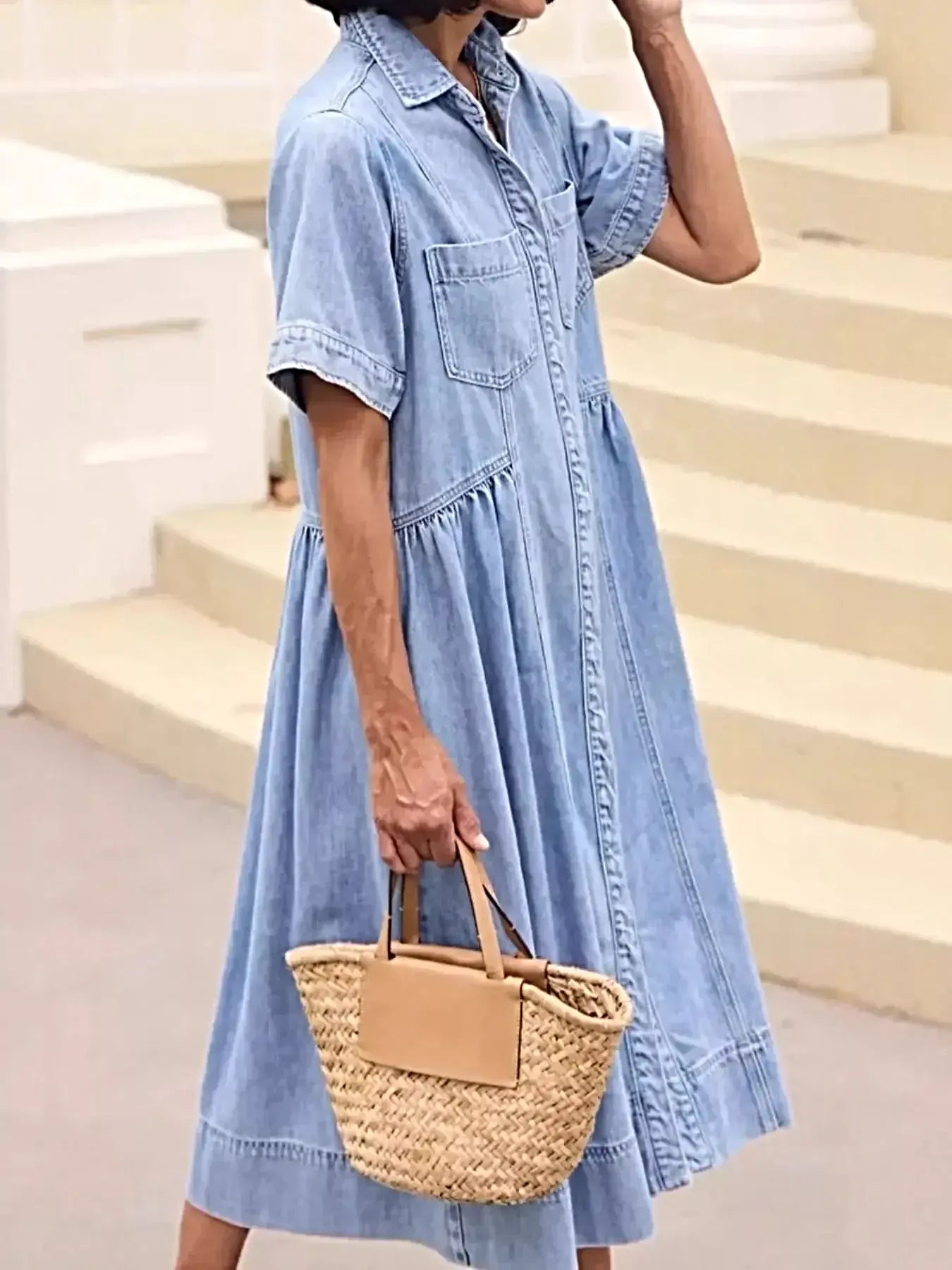 Full Size Button Front Denim Midi Dress Plus Size -