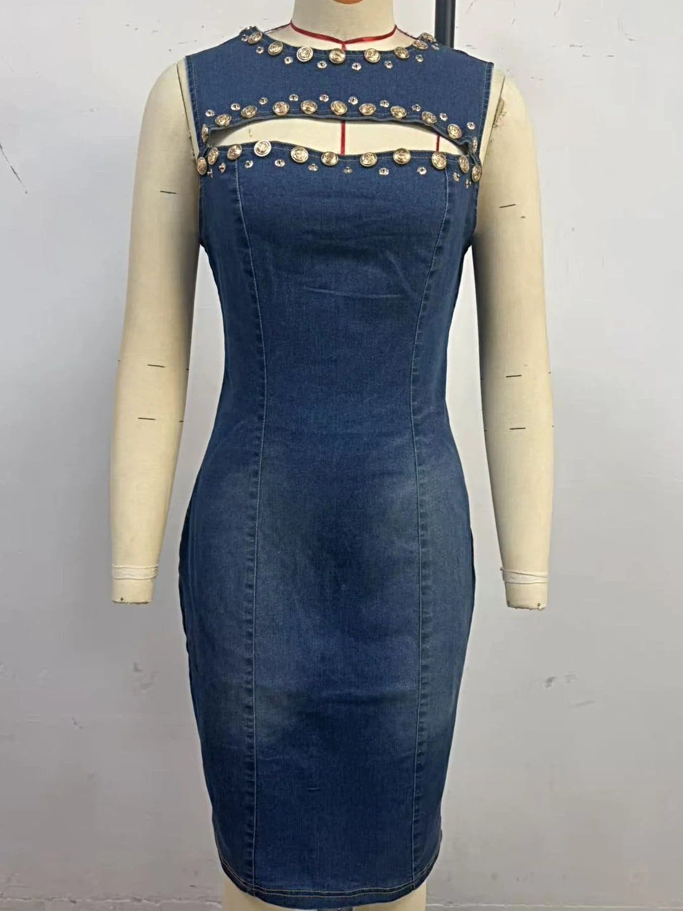 Embellished Cutout Sleeveless Denim Dress -