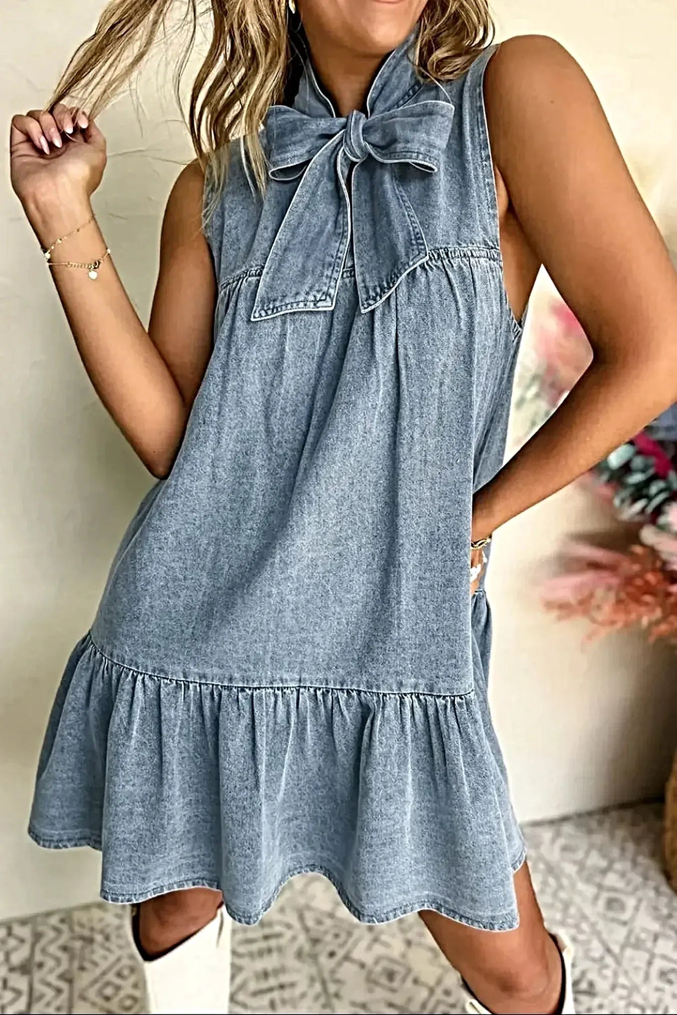 Tie Neck Sleeveless Denim Dress -