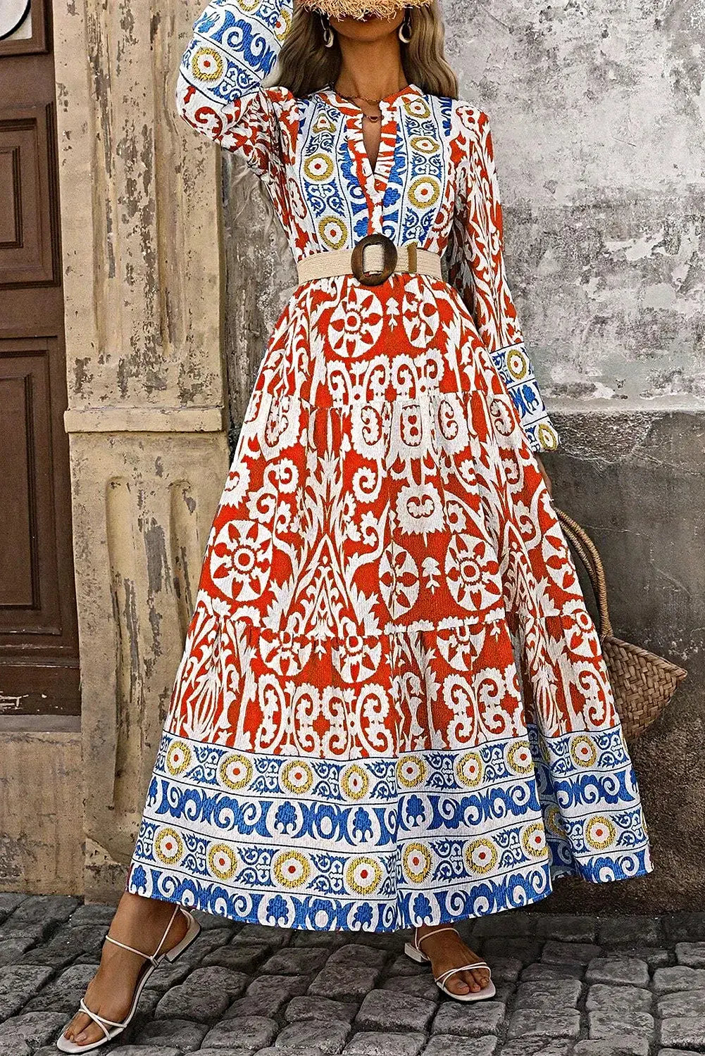 Elegant Printed Maxi Dress with Notched Sleeves - 100% Polyester, Opaque, Basic Style Trendsi