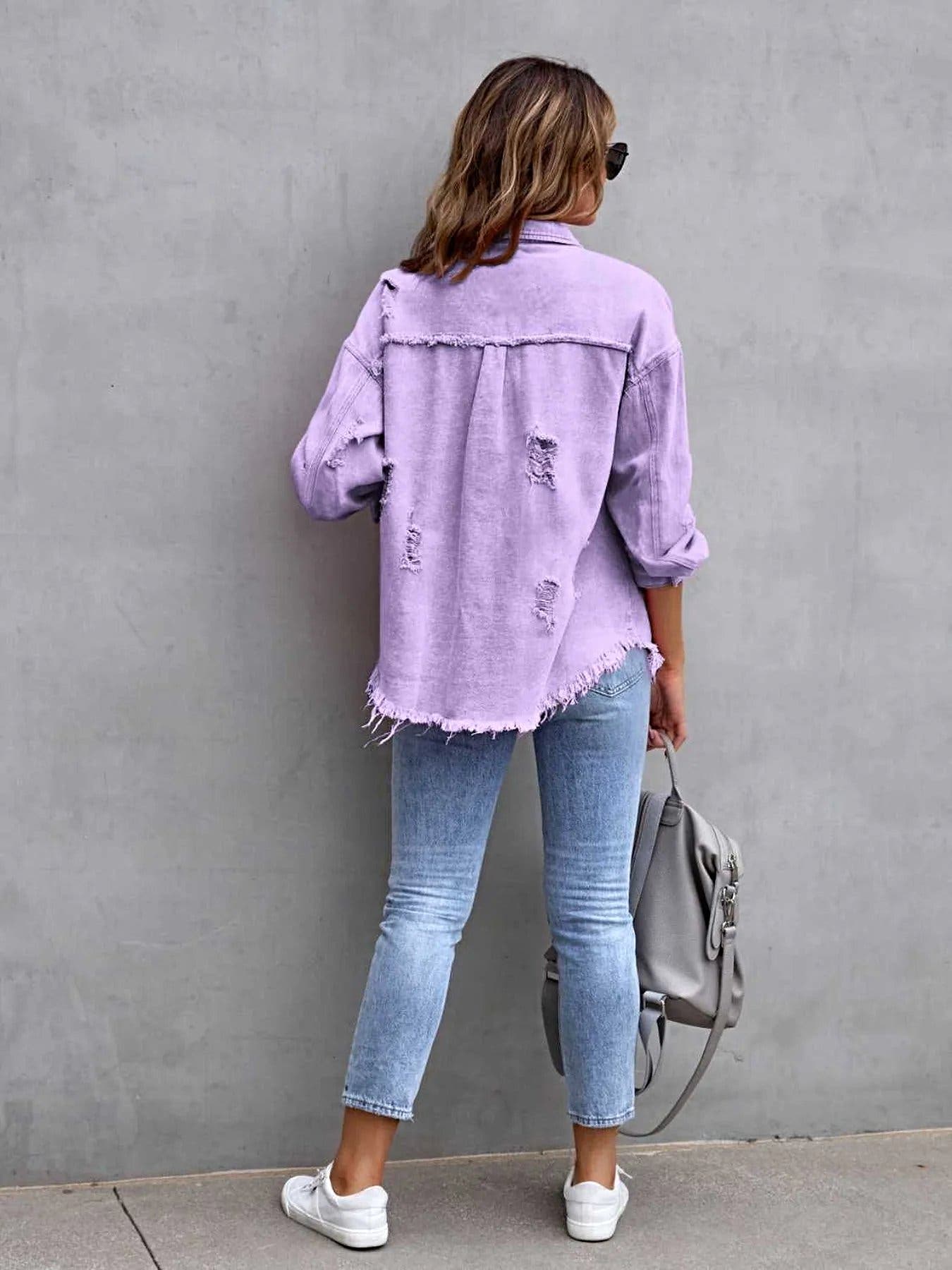 Distressed Drop Shoulder Denim Jacket -