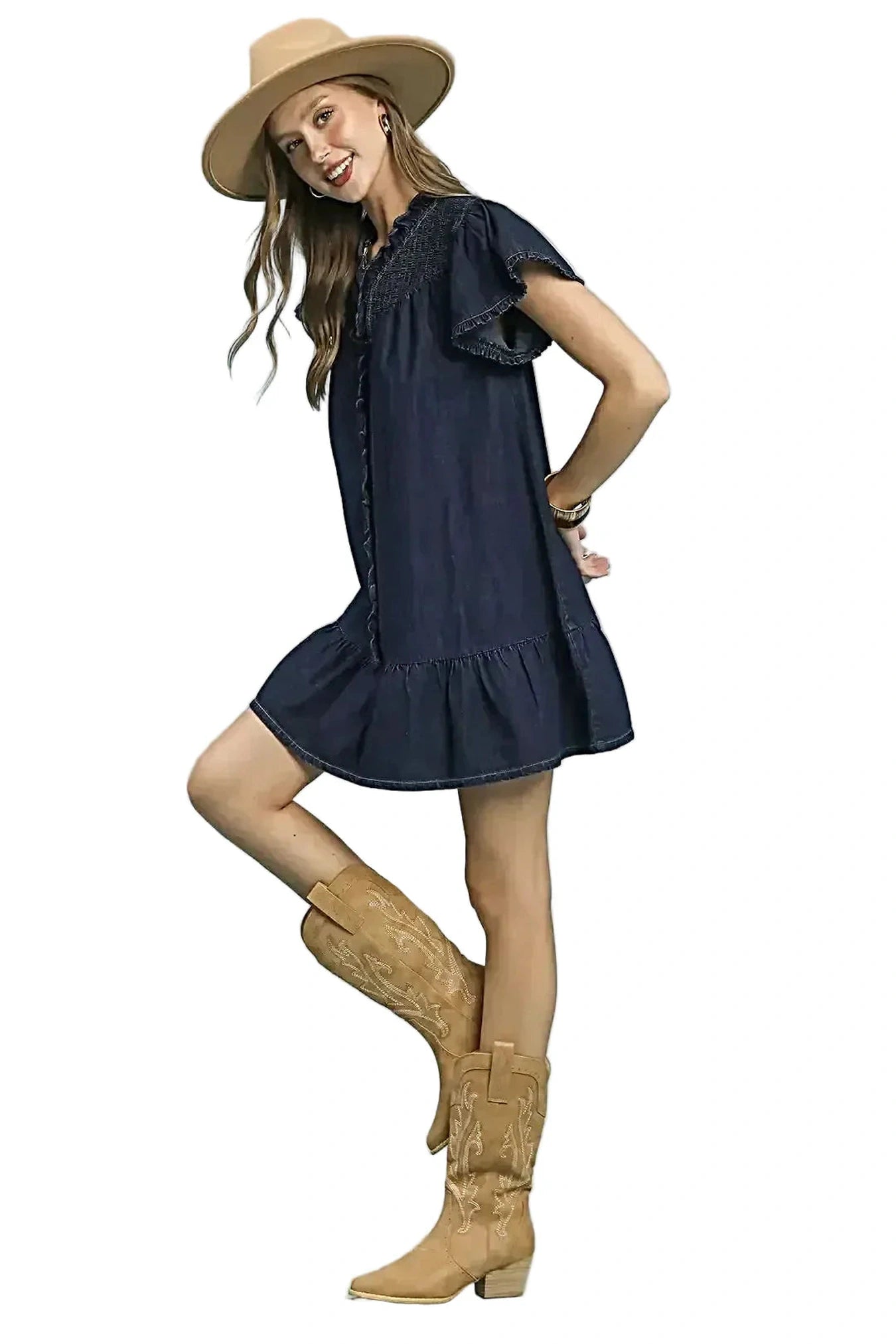 Umgee Ruffled Washed Denim Dress -