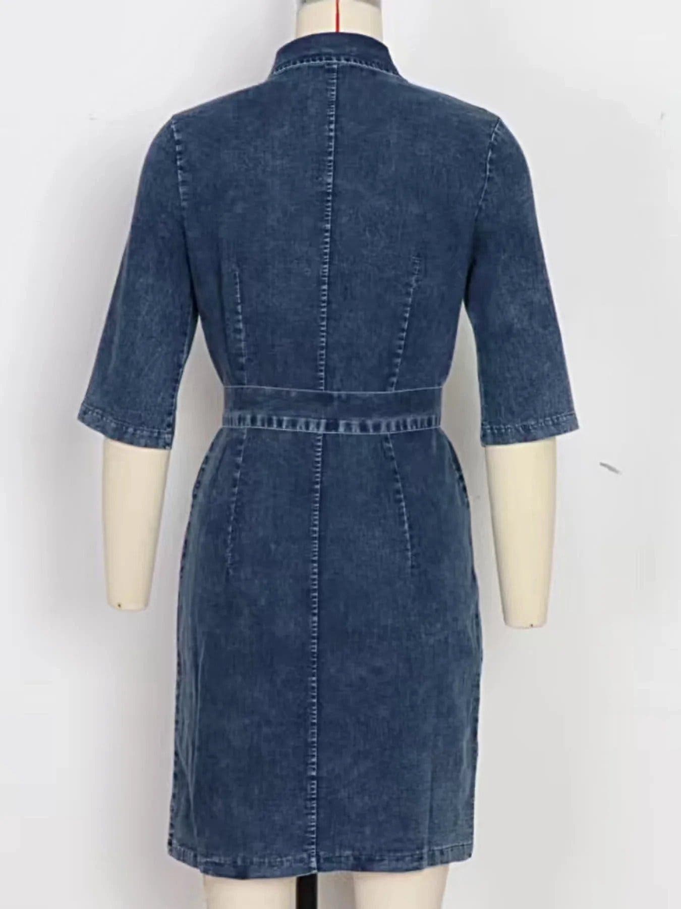 Zipper Front Short Sleeve Denim Dress -