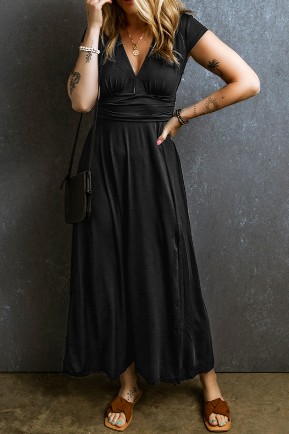 Smocked V-Neck Short Sleeve Dress Trendsi