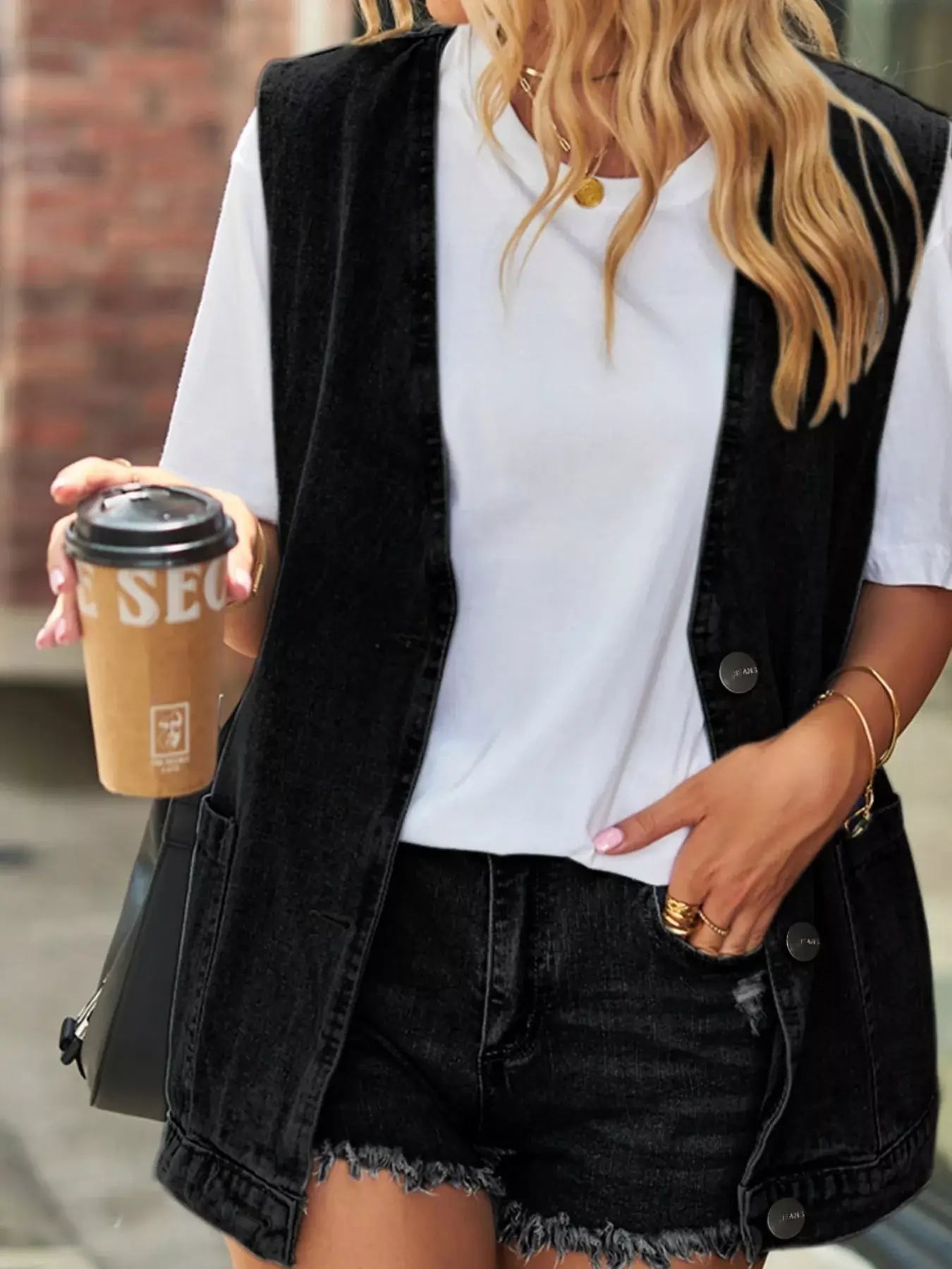 Sleeveless Button-Down Denim Jacket Vest -