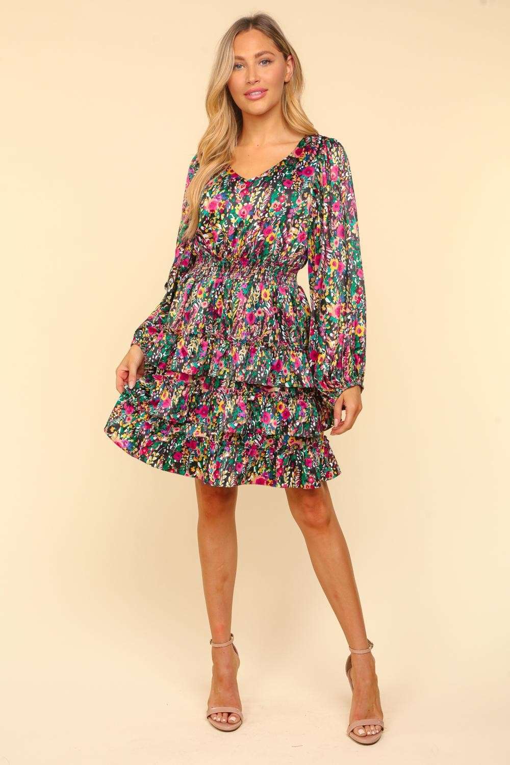 Haptics V-Neck Satin Floral Layered Dress Trendsi