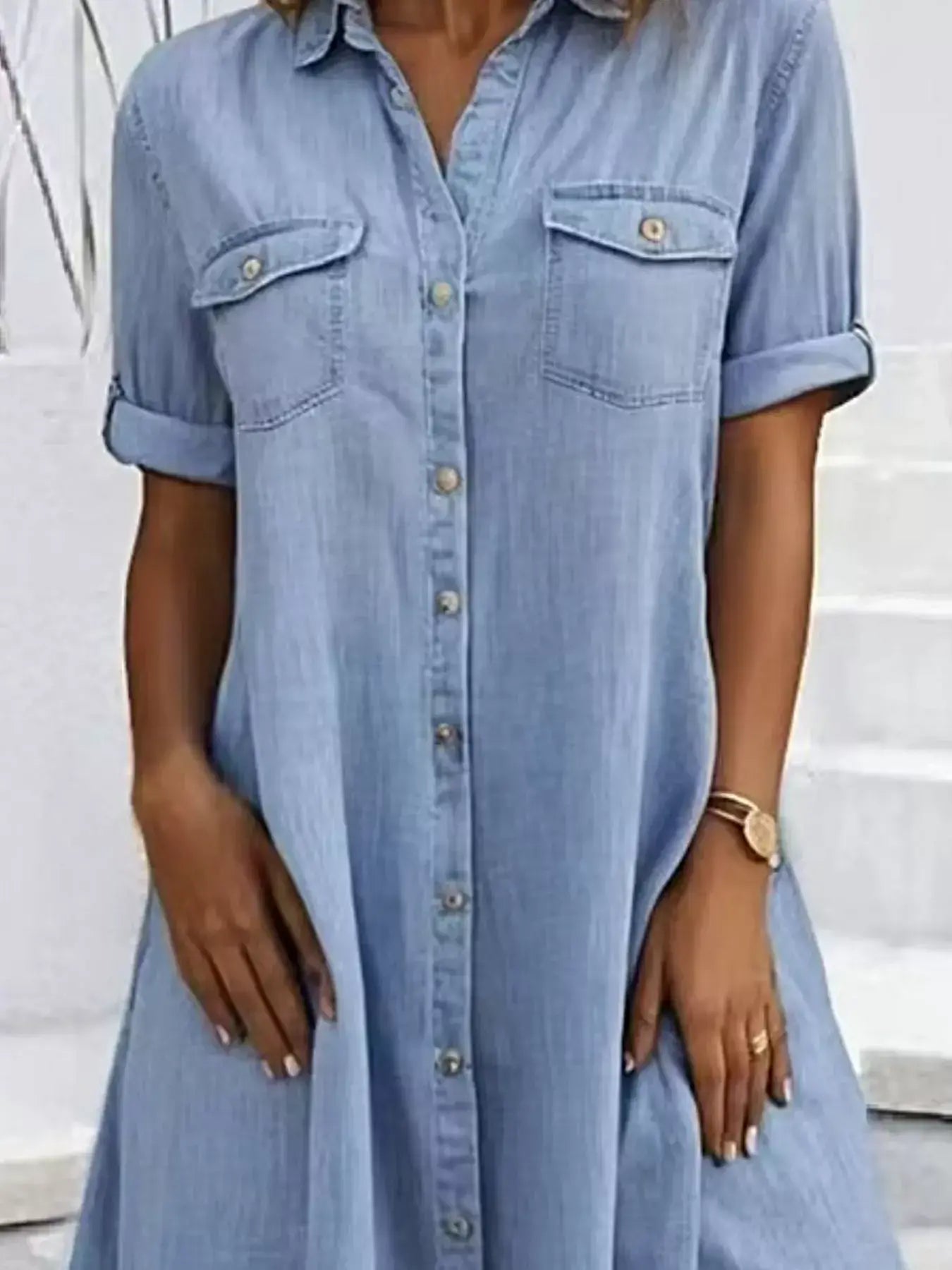 Full Size Button-Front Short Sleeve Denim Dress Plus Size -