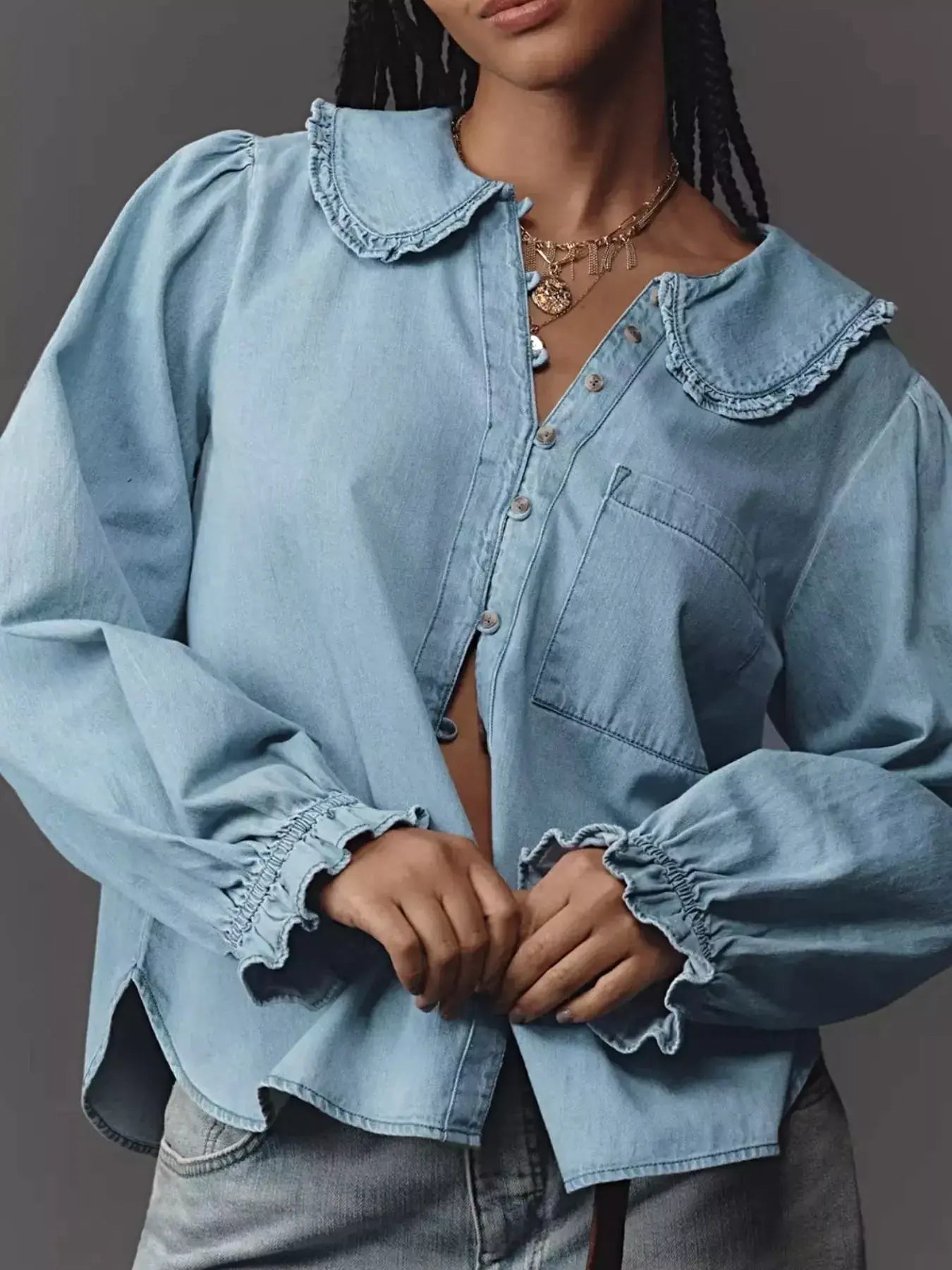 Peter Pan Collar Ruffled Denim Shirt -