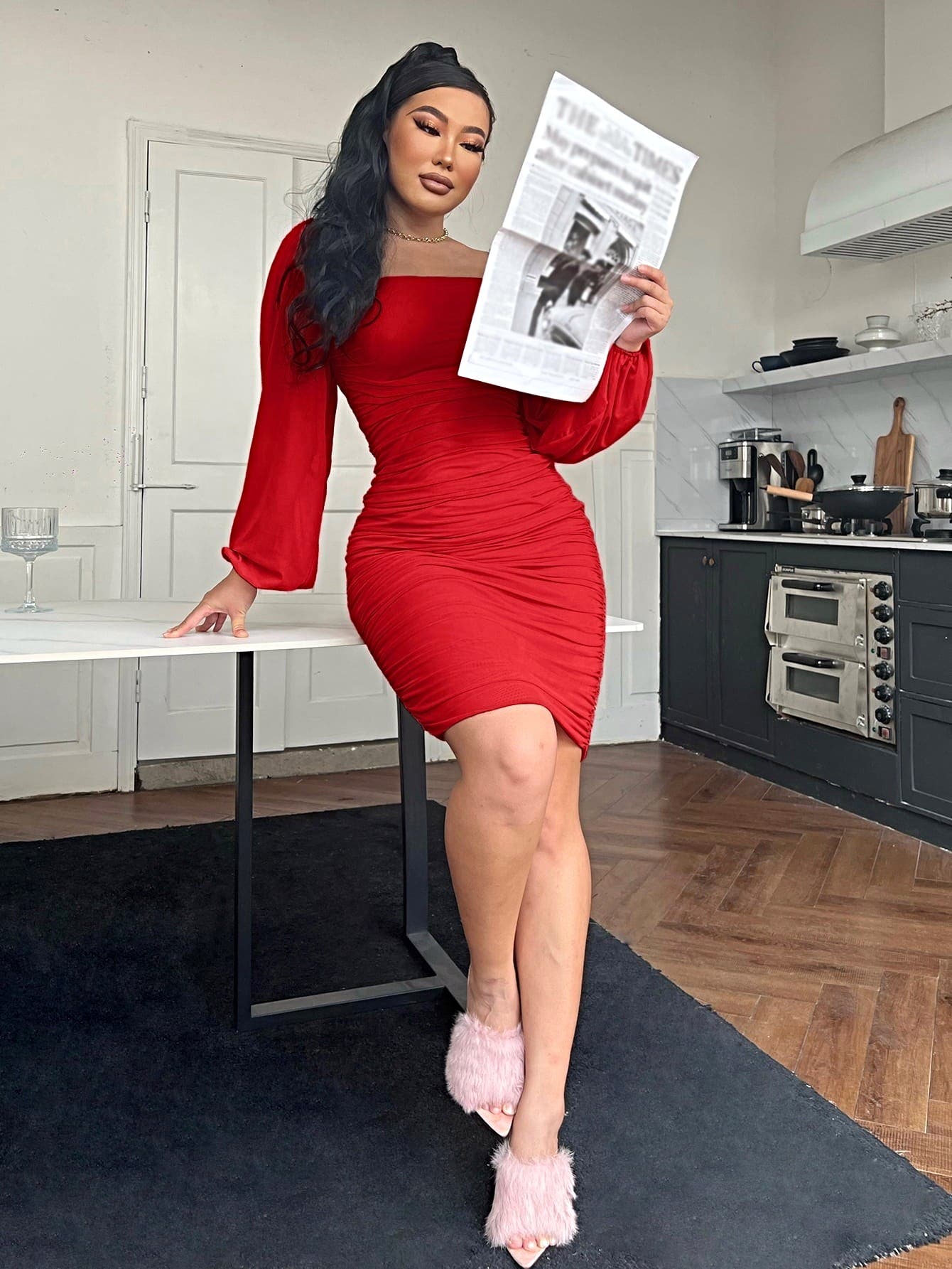 Zip-Back Ruched Bodycon Dress -