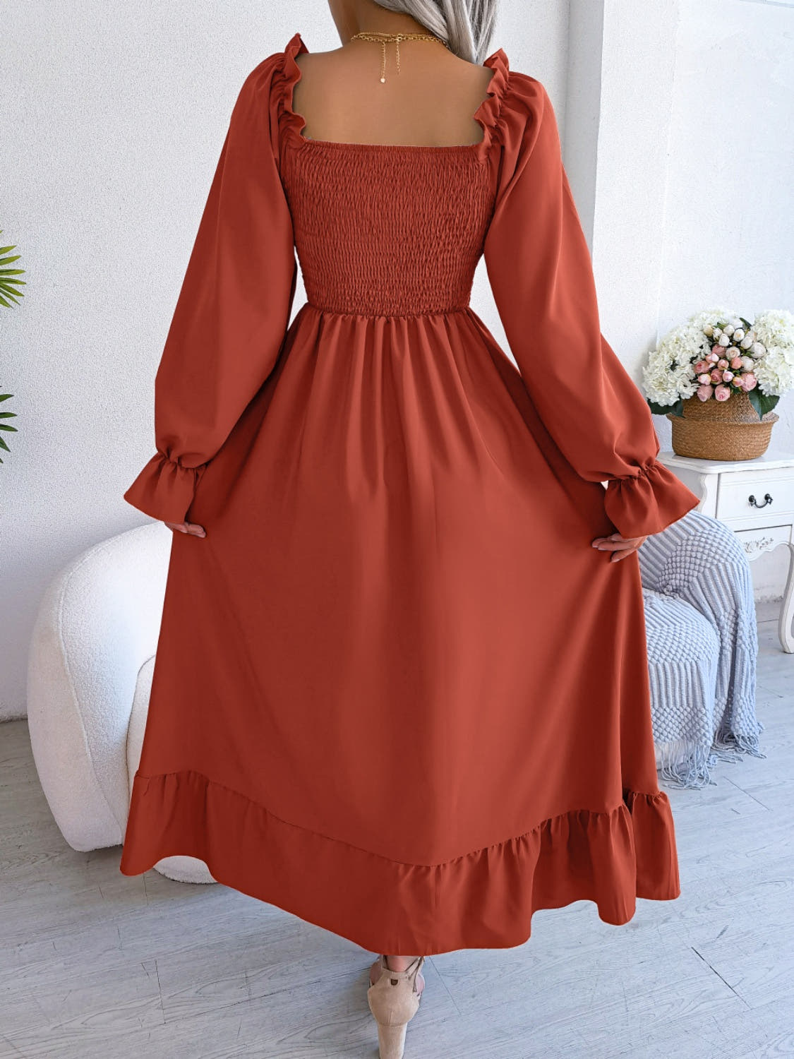 Smocked Square Neck Flounce Sleeve Dress -