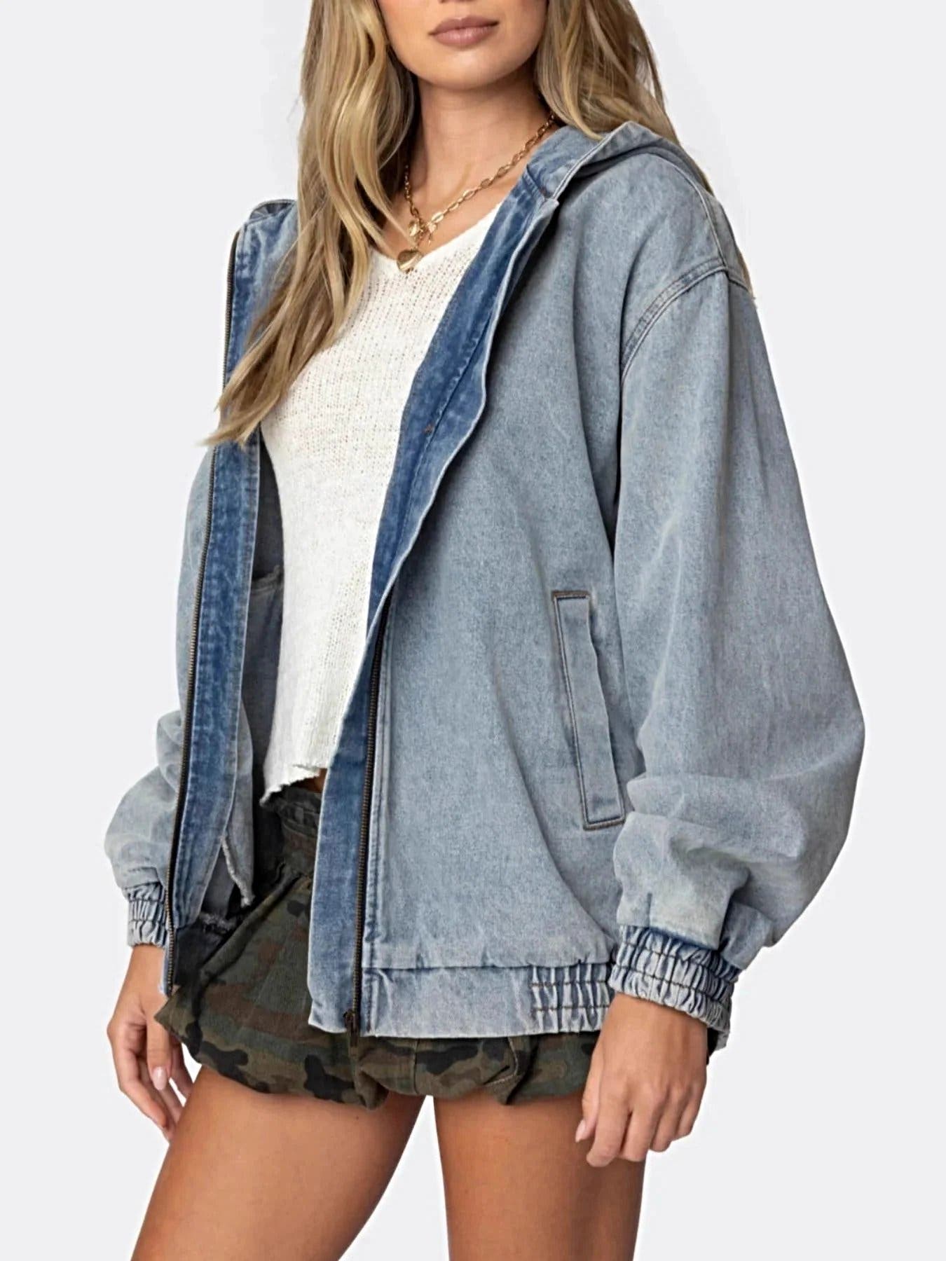 Hooded Oversized Zip Up Denim Jacket -