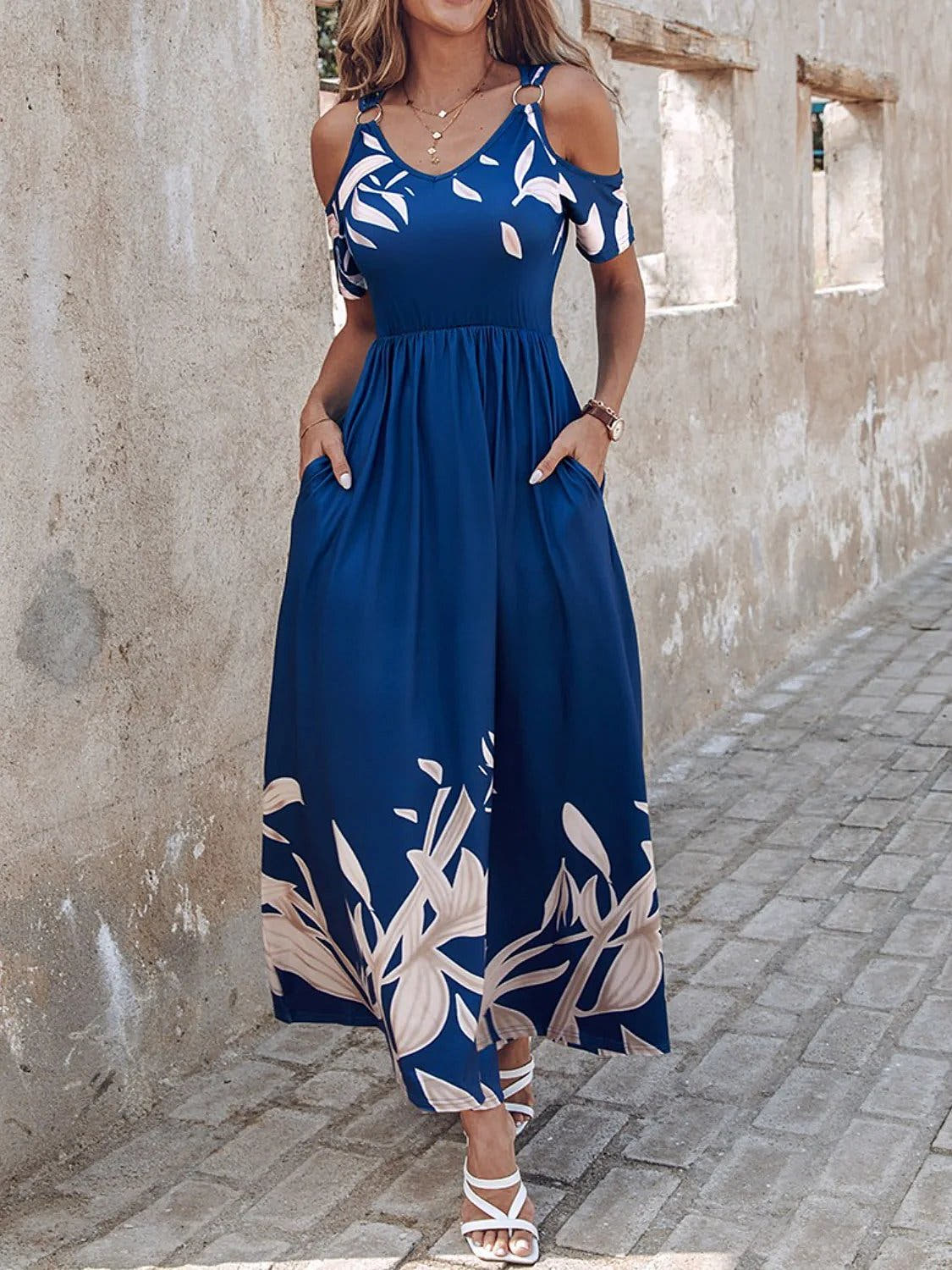 Elegant Summer Printed Maxi Dress with Cold Shoulders and Pockets – Opaque and Slightly Stretchy Trendsi