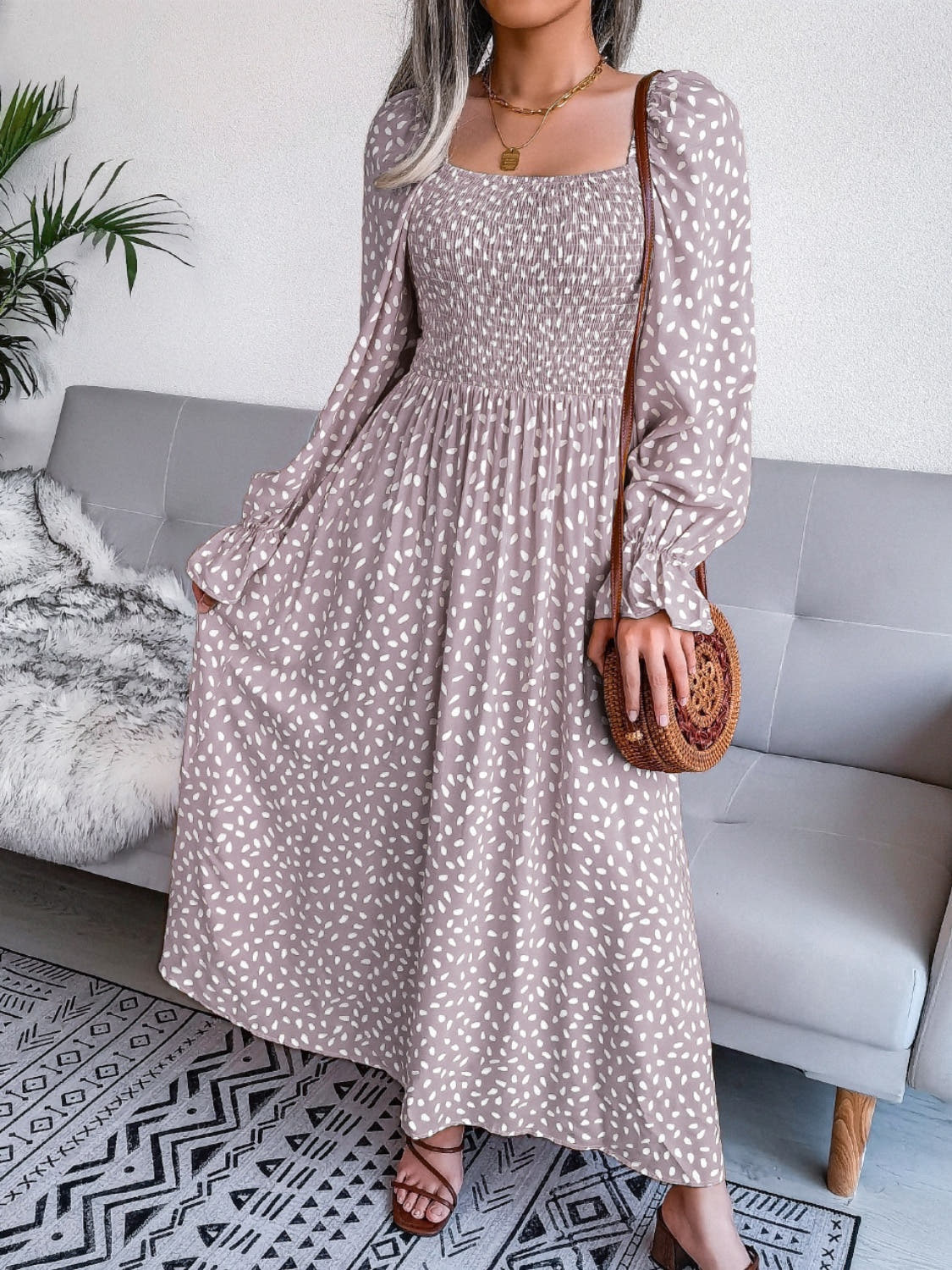 Smocked Square Neck Flounce Sleeve Dress -