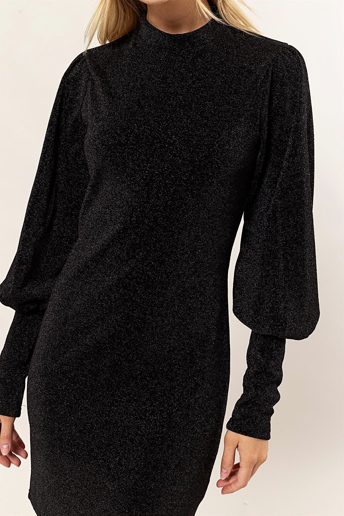 Sparkly Figure-Hugging Dress with Mock Neck, Long Bishop Sleeves, and Chic Keyhole Back Trendsi