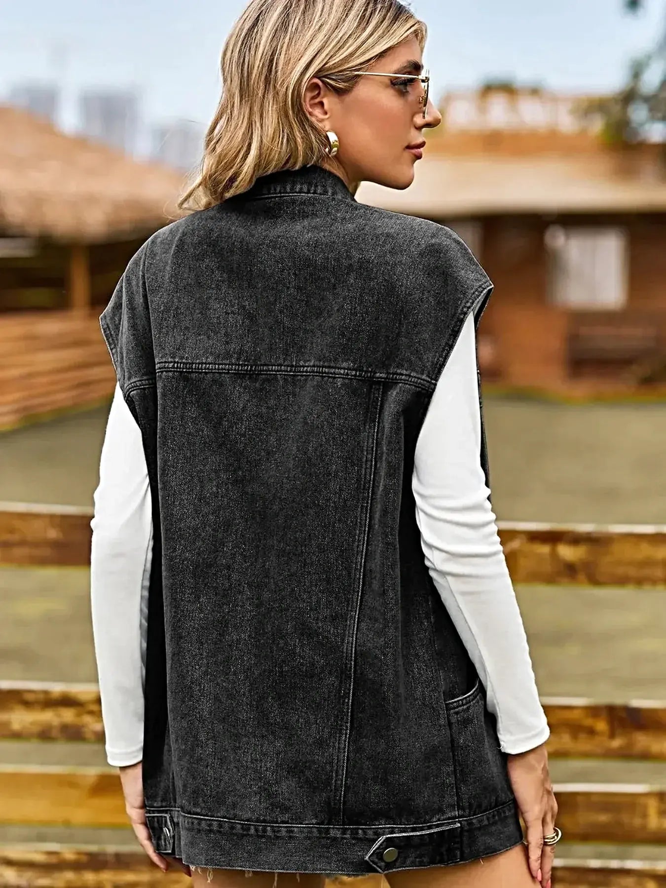 Button Up Collared Neck Sleeveless Denim Jacket -