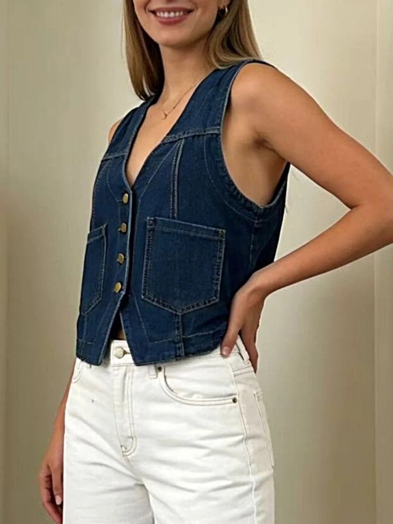 Plus Size Button-Down Denim Vest -