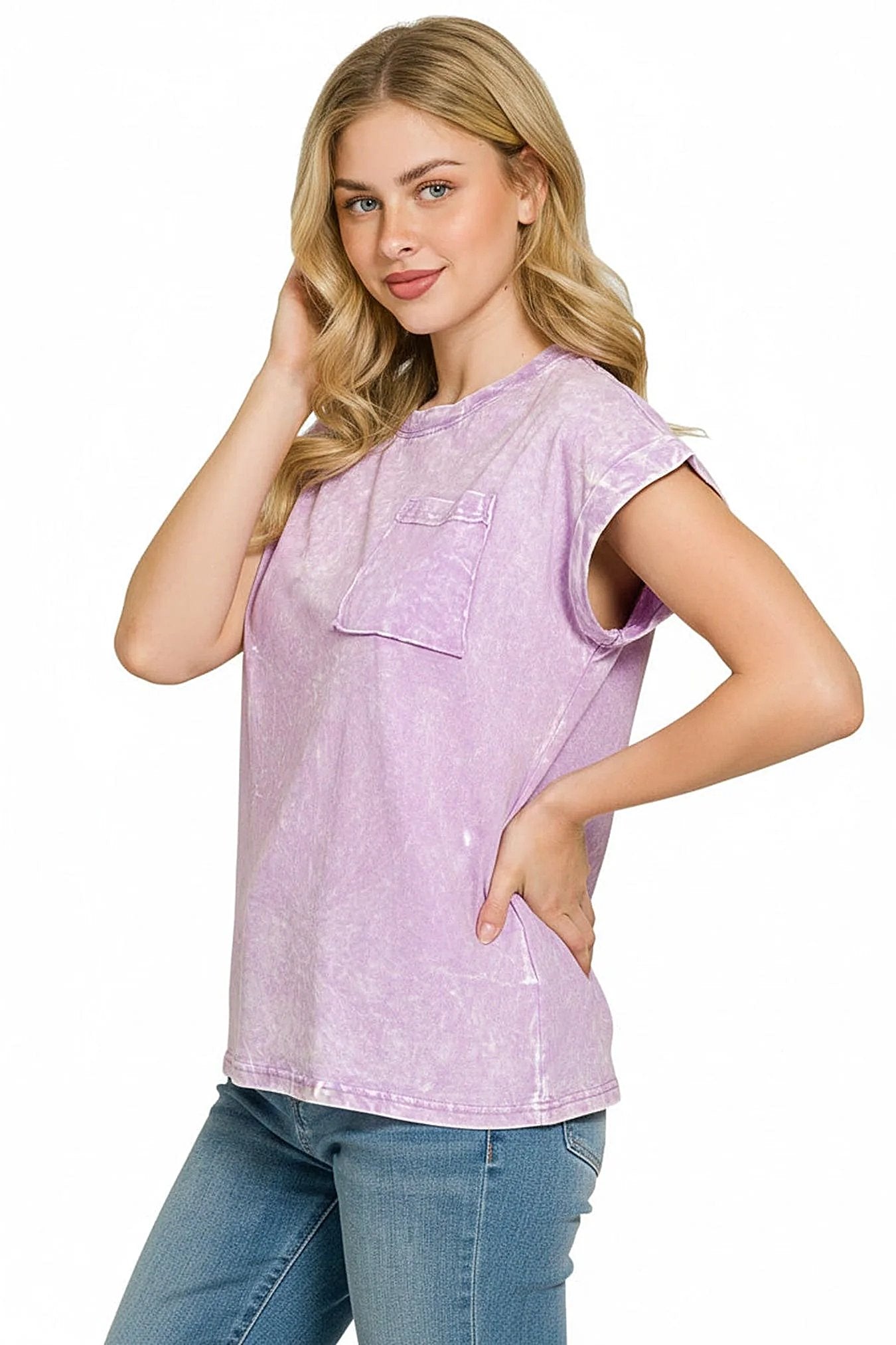 Zenana Full Size Crinkle Washed Round Neck Folded Short Sleeve Tee Plus Size -