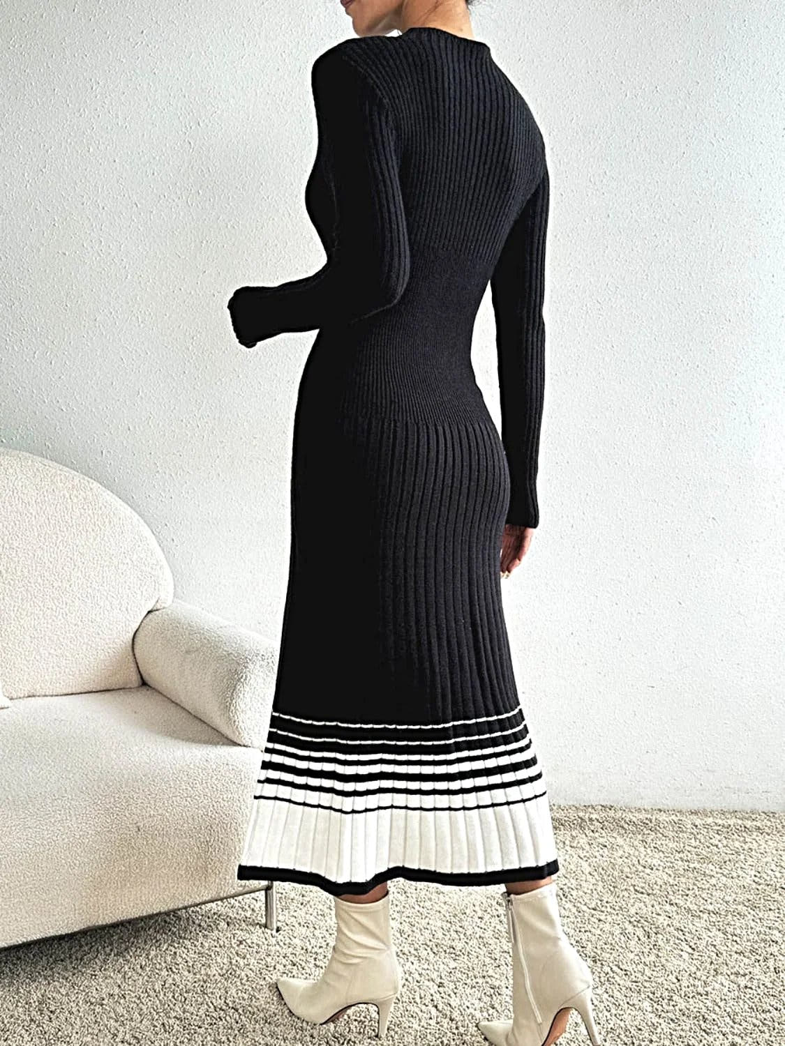 Contrast Mock Neck Long Sleeve Sweater Dress -