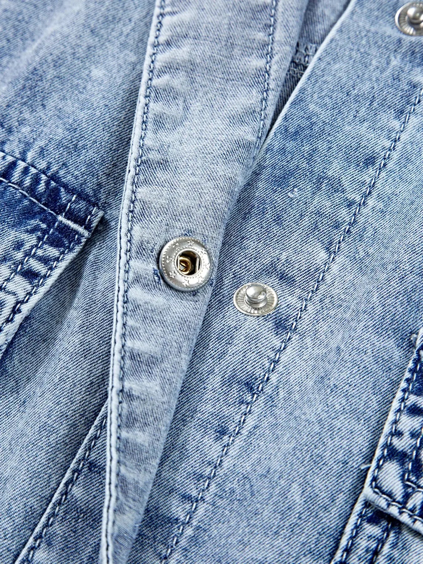 Chest Pocket Raw Hem Denim Loose Shirt Dress -