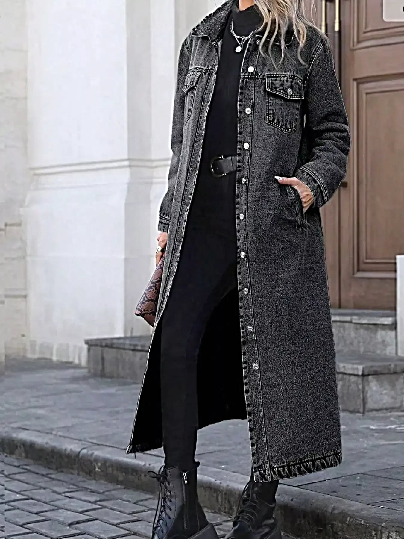Longline Button-Front Denim Coat -