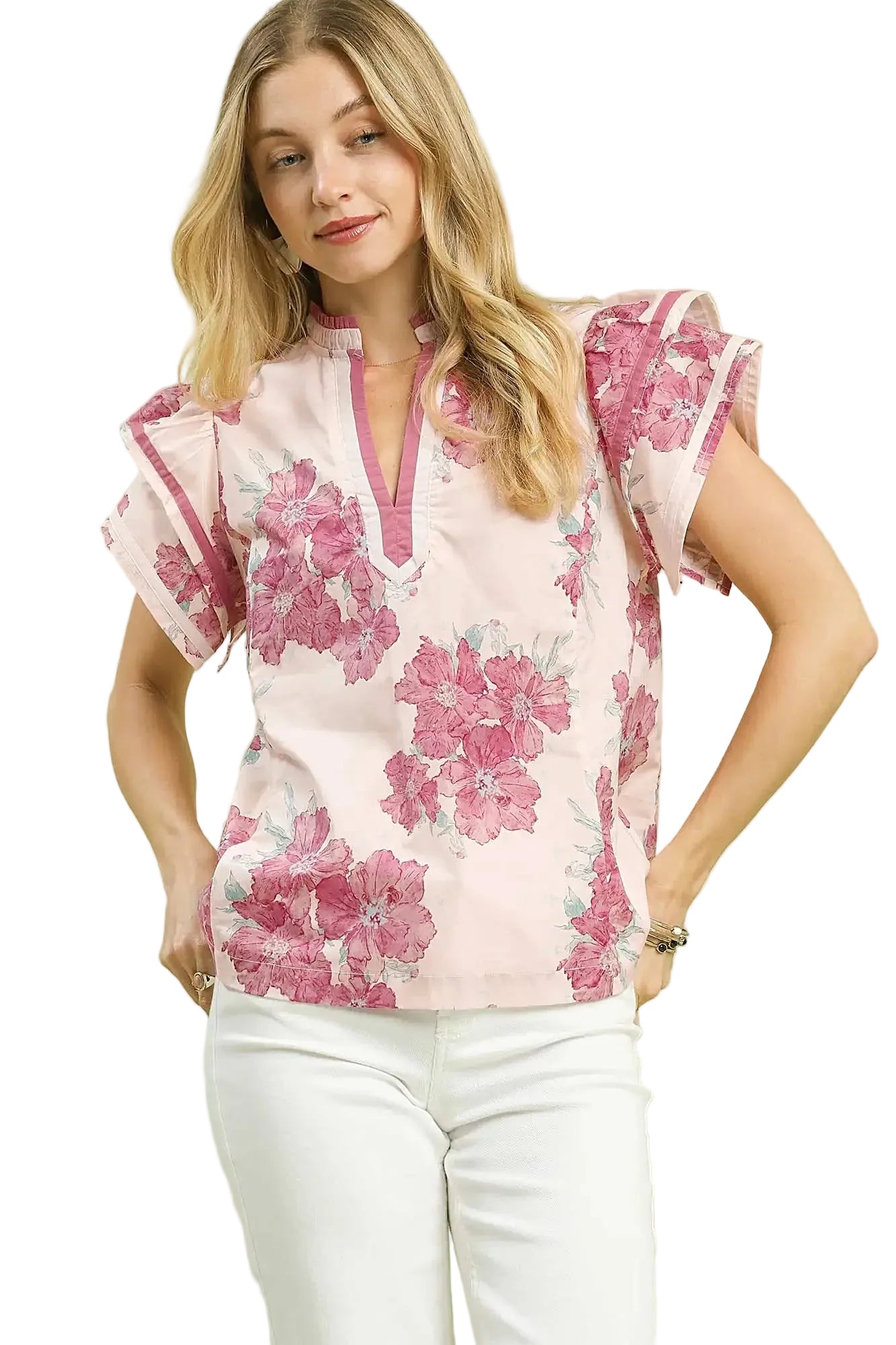 Umgee Mix Floral Ruffle Sleeve Blouse -