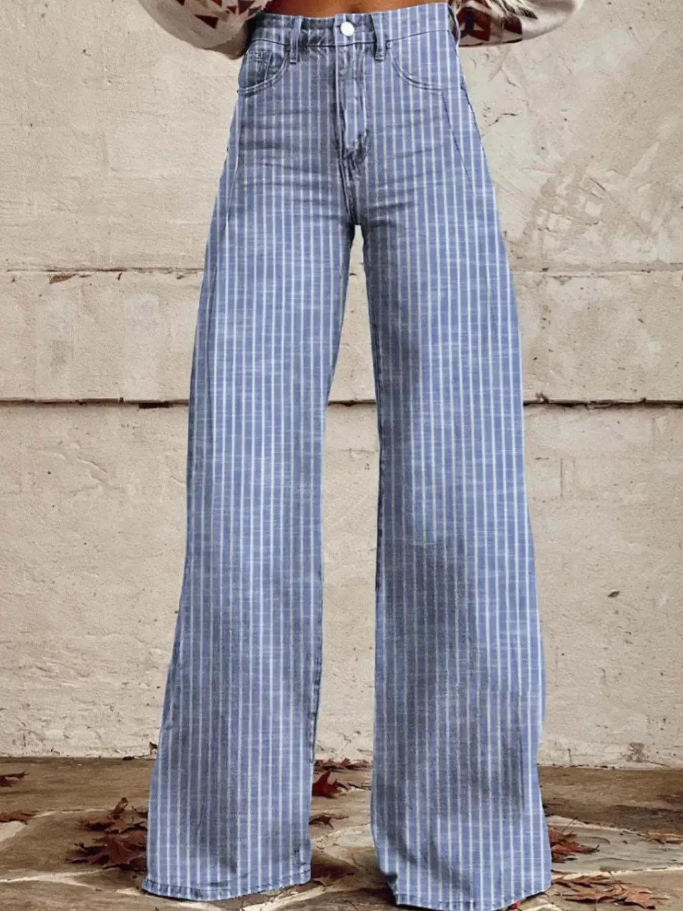 Striped High-Waisted Wide Leg Jeans -