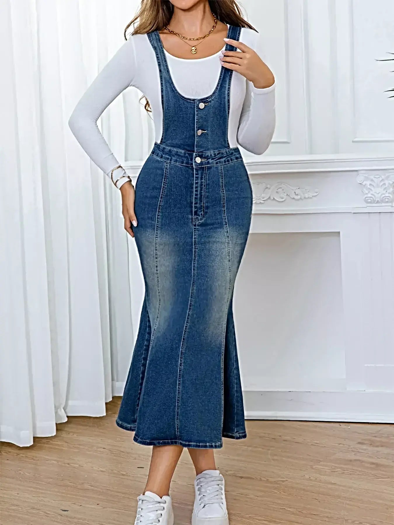 Front-Button Adjustable Fishtail Sleeveless Denim Overall Dress -