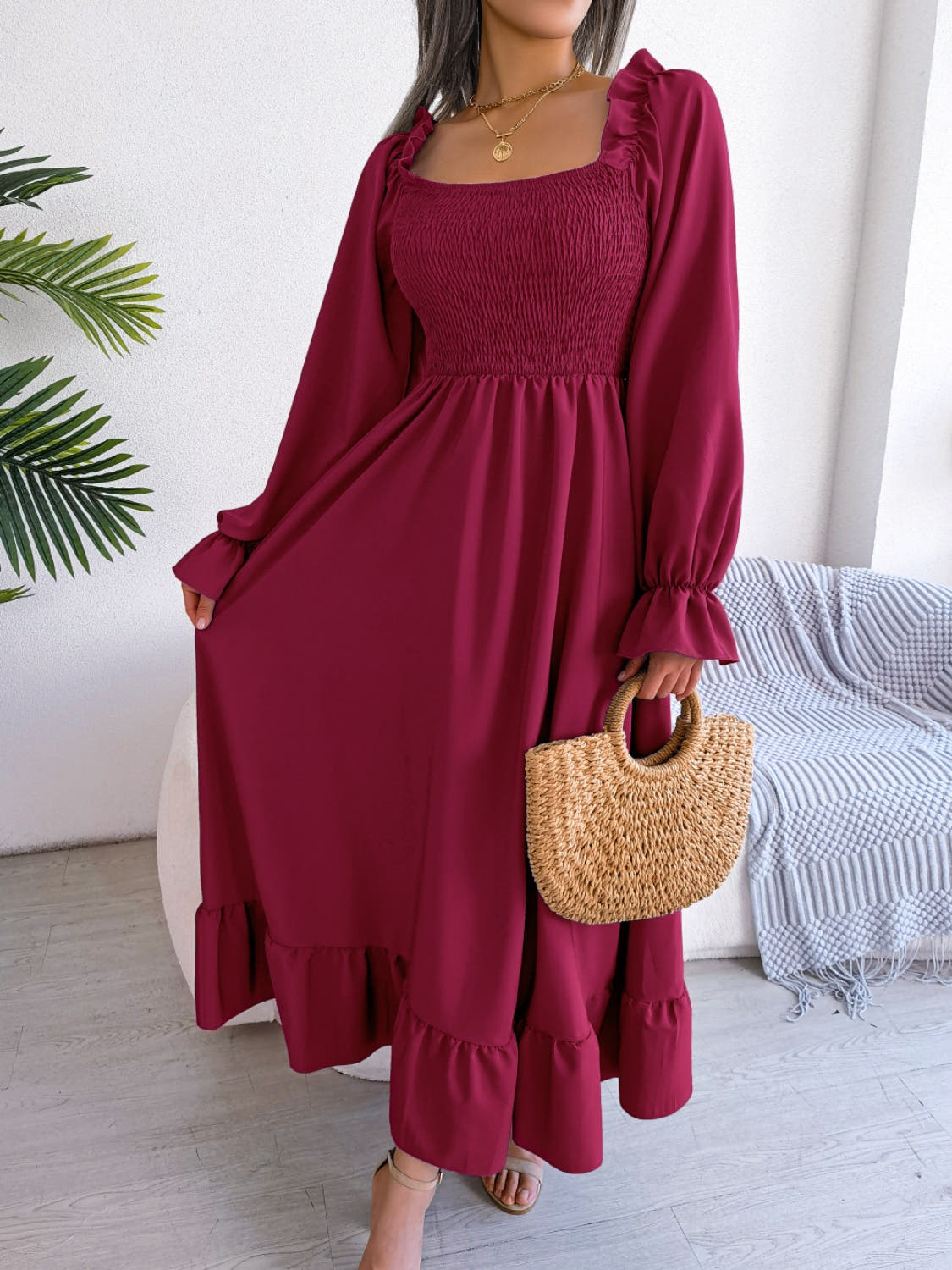 Smocked Square Neck Flounce Sleeve Dress -