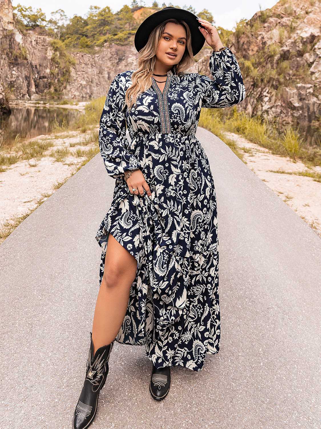 Elegant Plus Size Long Sleeve Maxi Dress in Opaque Fabric with Slight Stretch Trendsi