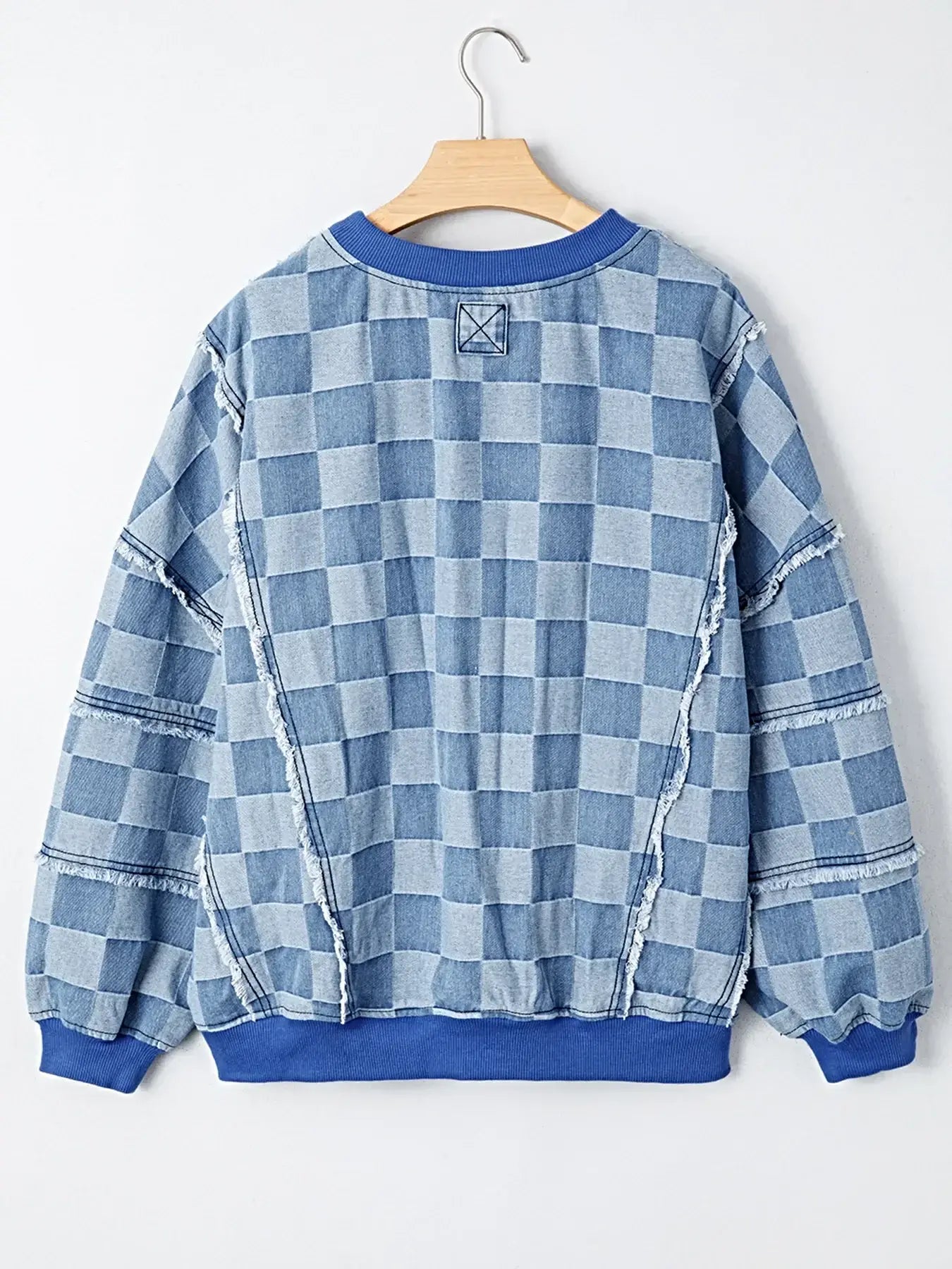 Checkerboard Splicing Raw Detail Oversized Denim Top -