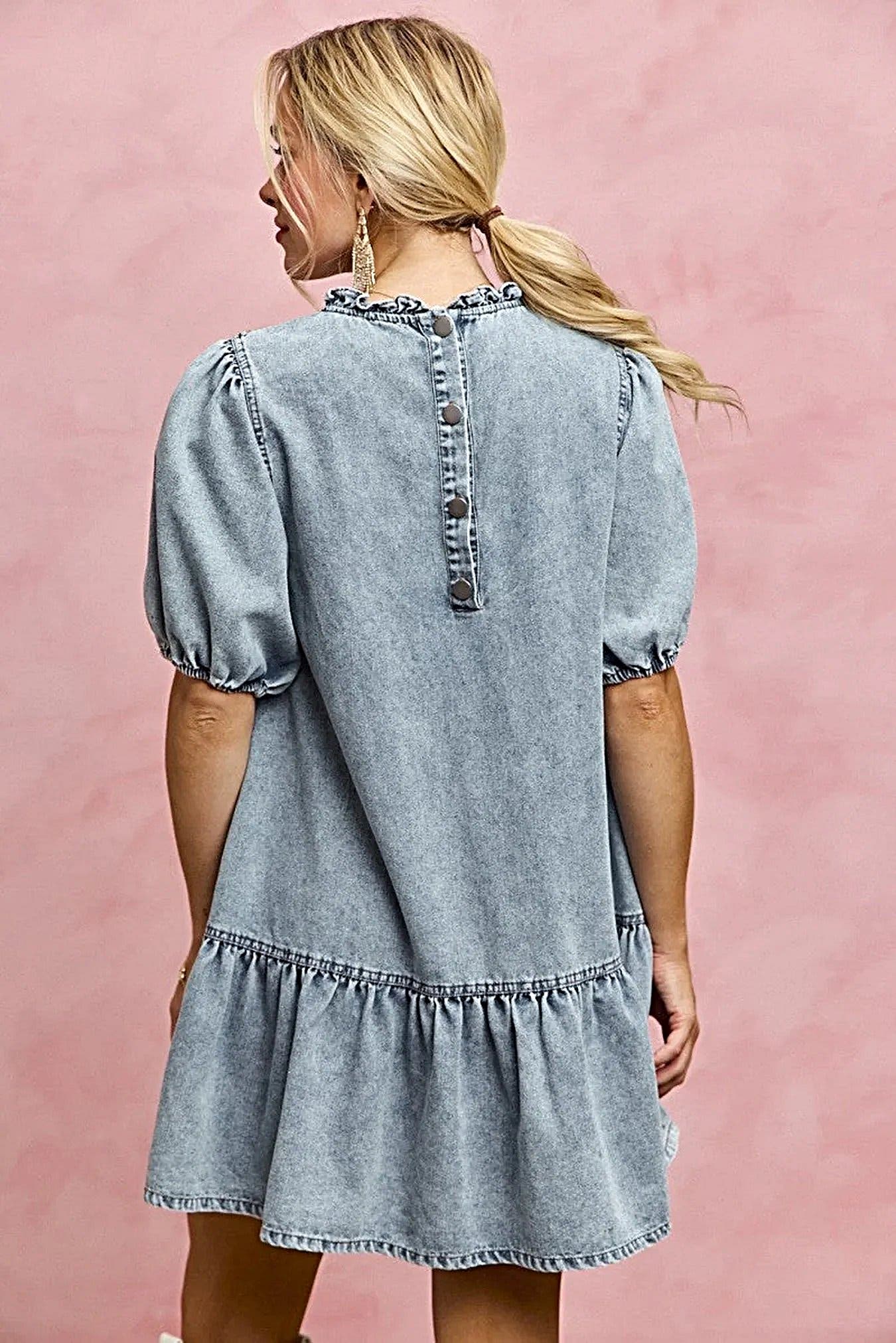 SO ME Denim Short Sleeves Mini Tiered Dress -