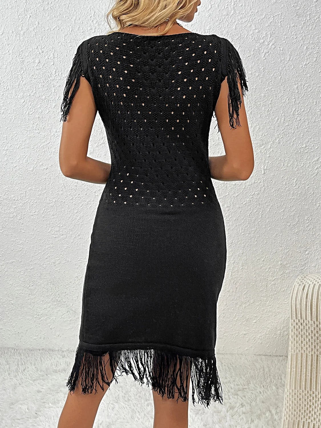 Fringe Openwork Boat Neck Knit Dress -